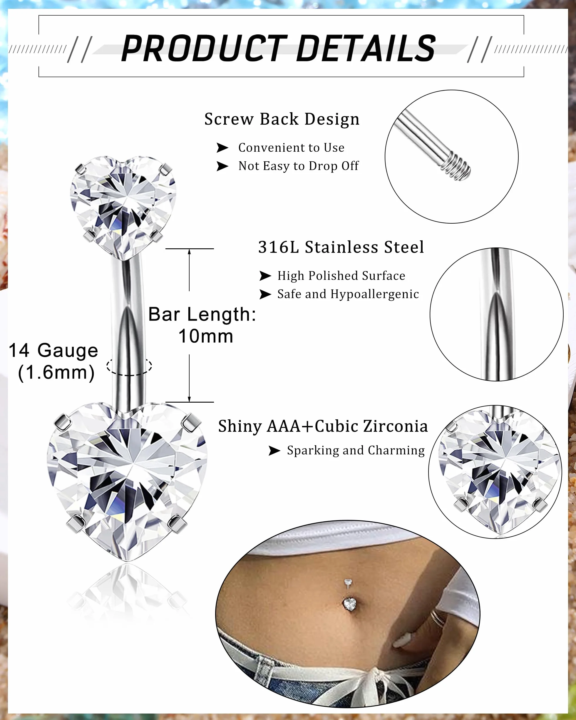 YADOCA 14G 9 Pezzi Piercing Ombelico Acciaio Chirurgico Argento Oro CZ Anello