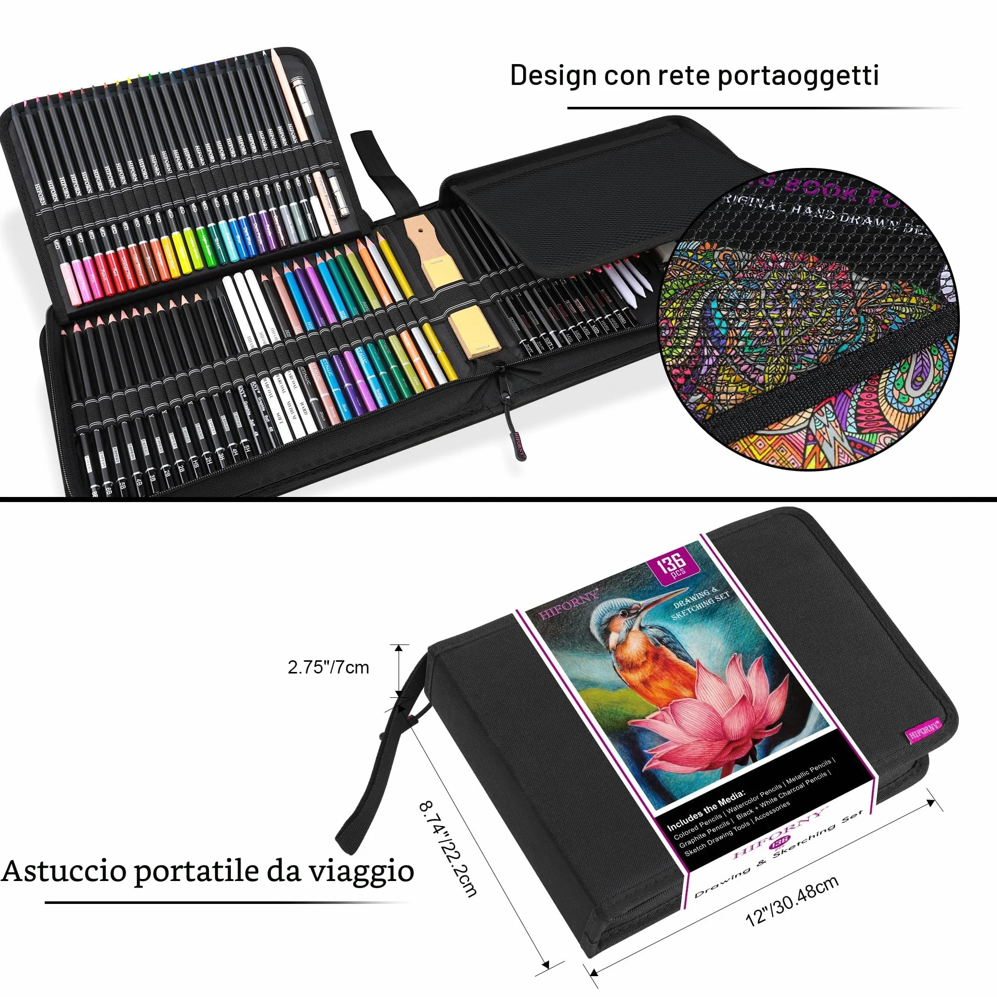 HIFORNY Set di Disegno e Schizzo da 136 Pezzi, Forniture Artistiche Professionali con Matite di Grafite, Carboncino, Colori, Acquerelli, Matite Metallizzate, Strumenti di Sfumatura e Altro(Nero)