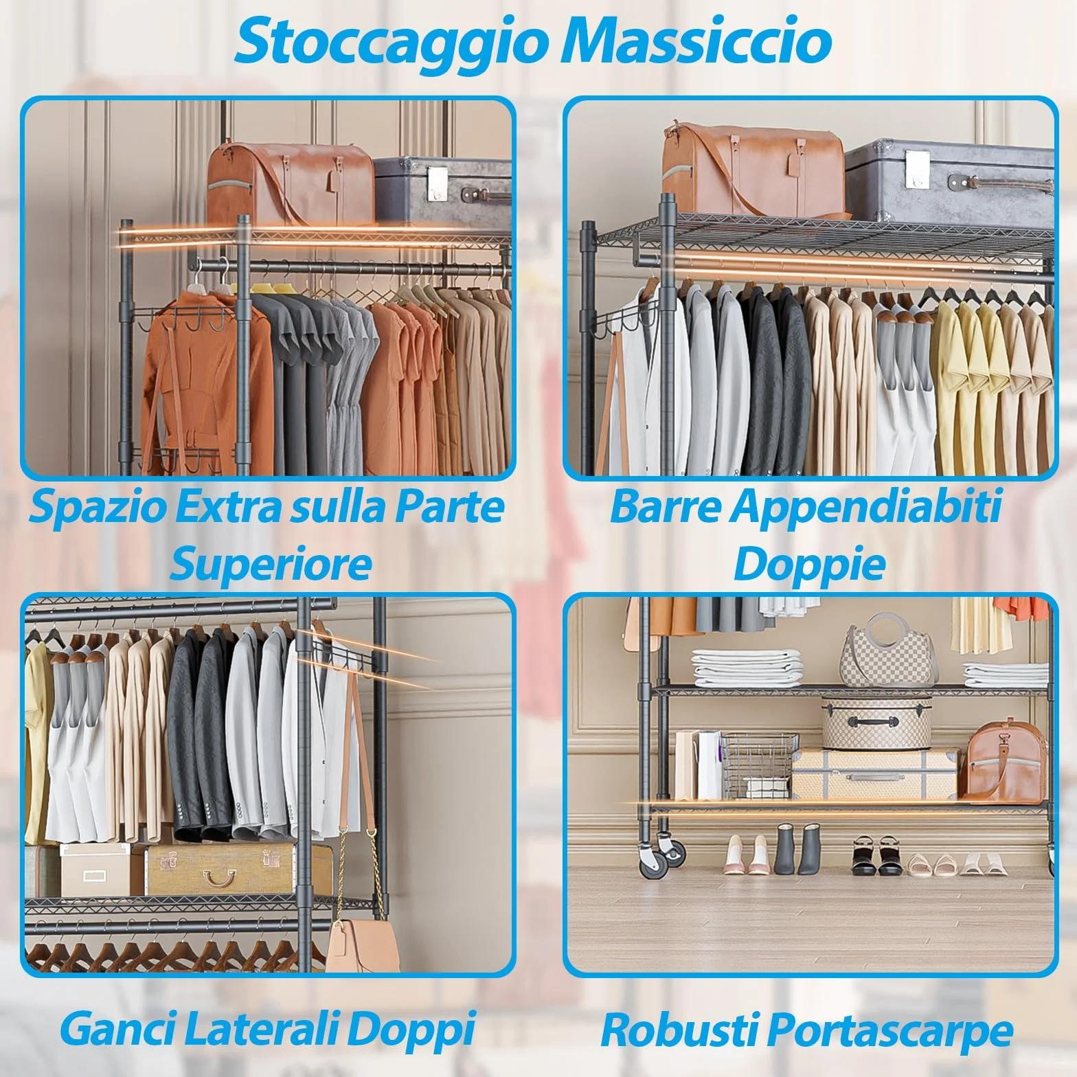 Himimi Doppio Appendiabiti con Ripiani Regolabili in Altezza, 2 Ganci, Ruote, 90x42x205 cm, Grigio