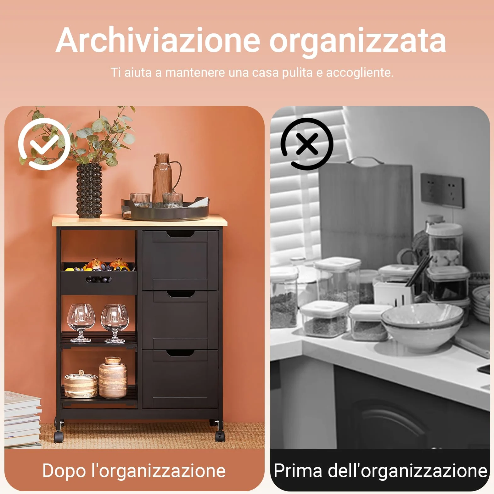 SoBuy Carrello Cucina con 3 Cassetti e 1 Cestino, Mobiletto Cucina Salvaspazio con 4 Ruote Girevoli, Credenza Cucina o Bagno, Mobiletto Cucina Dispensa, L68 x P38 x A85 cm, nero,FKW79-SCH