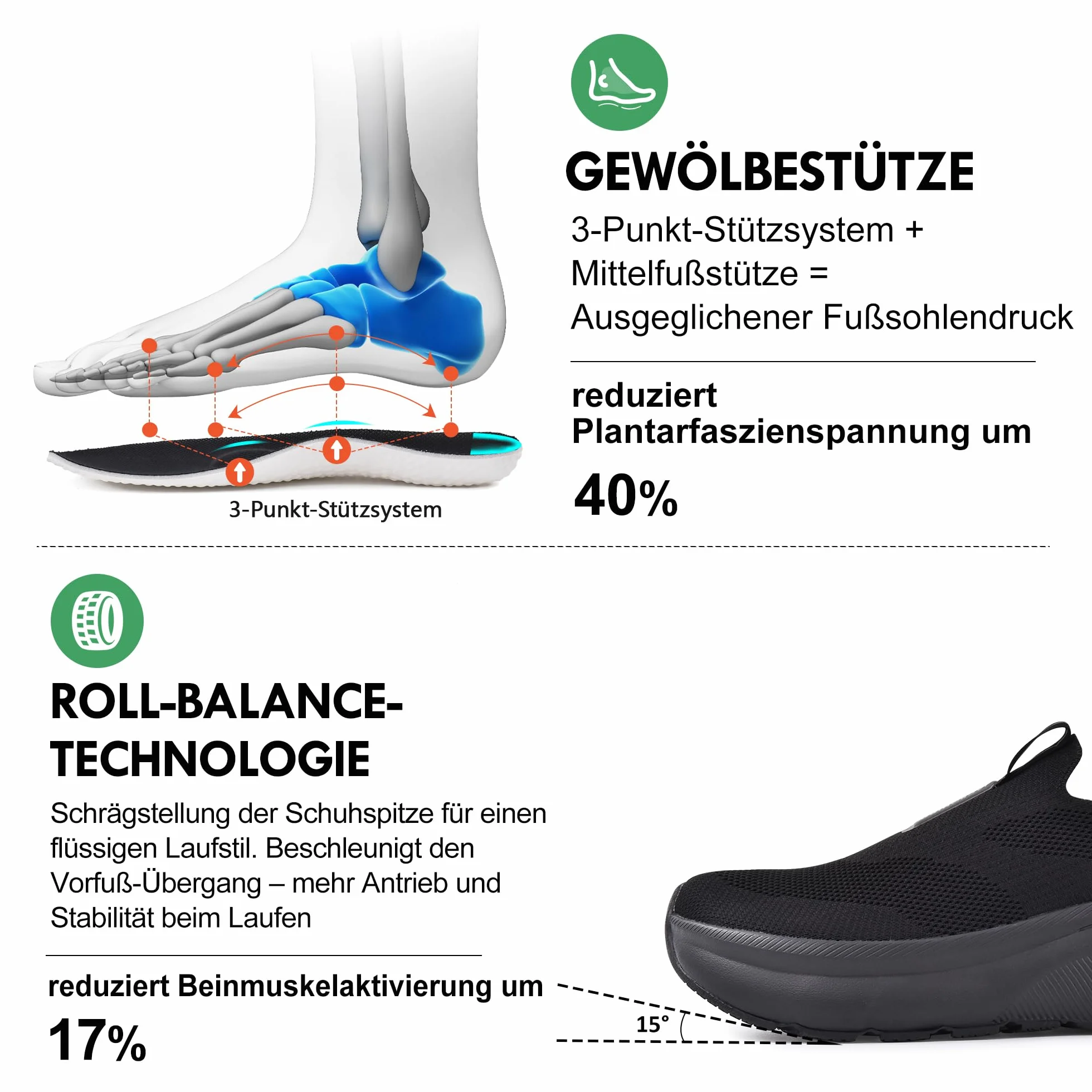 JACKSHIBO Slip a mano libera in scarpe da uomo, slip on sneakers, supporto per l'arco, scarpe ortopediche in memory foam, scarpe da passeggio, con ampia scatola a punta zero, suole, Nero , 47 EU Larga
