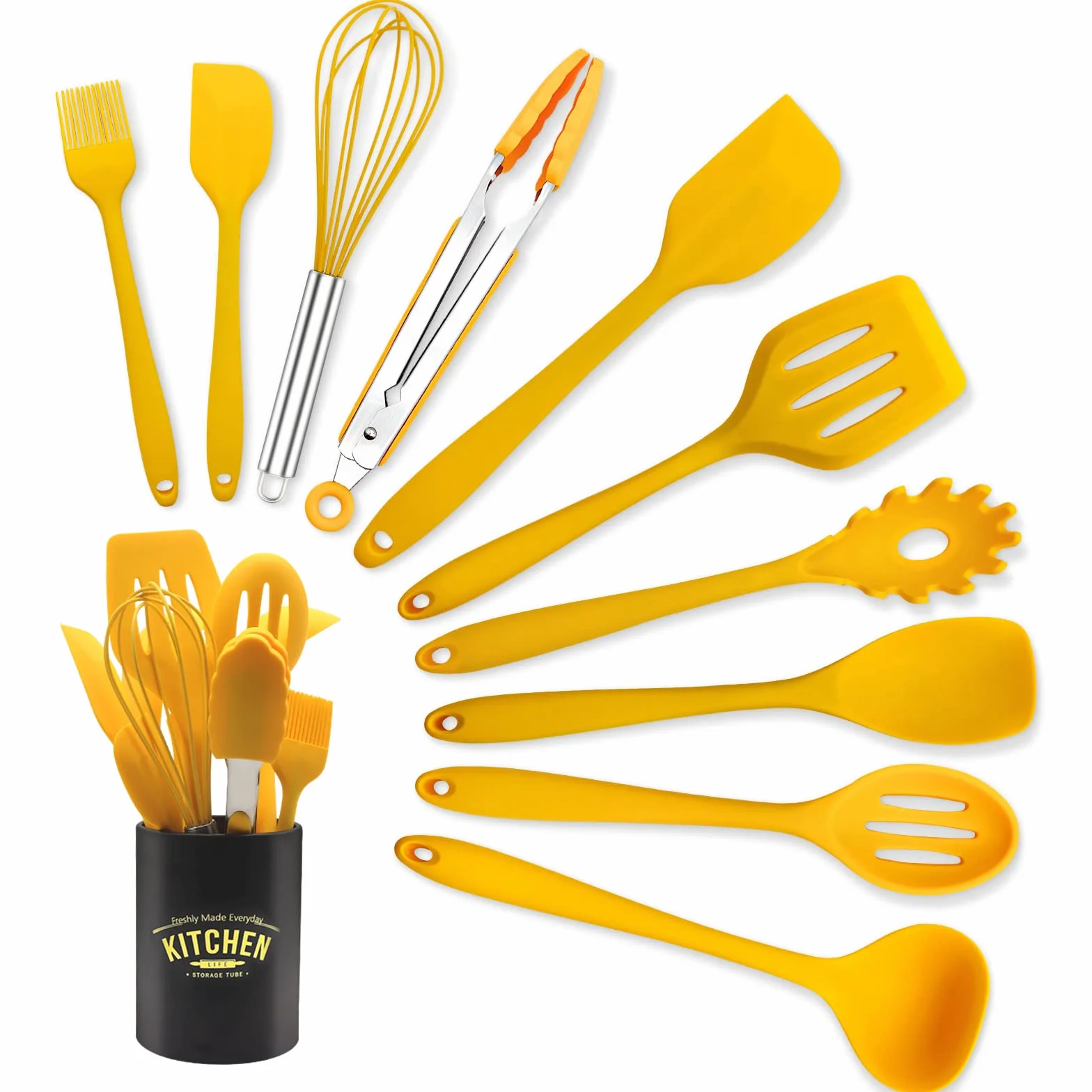 Set di utensili da cucina in silicone antiaderente con supporto in ferro, 11 pezzi (giallo)