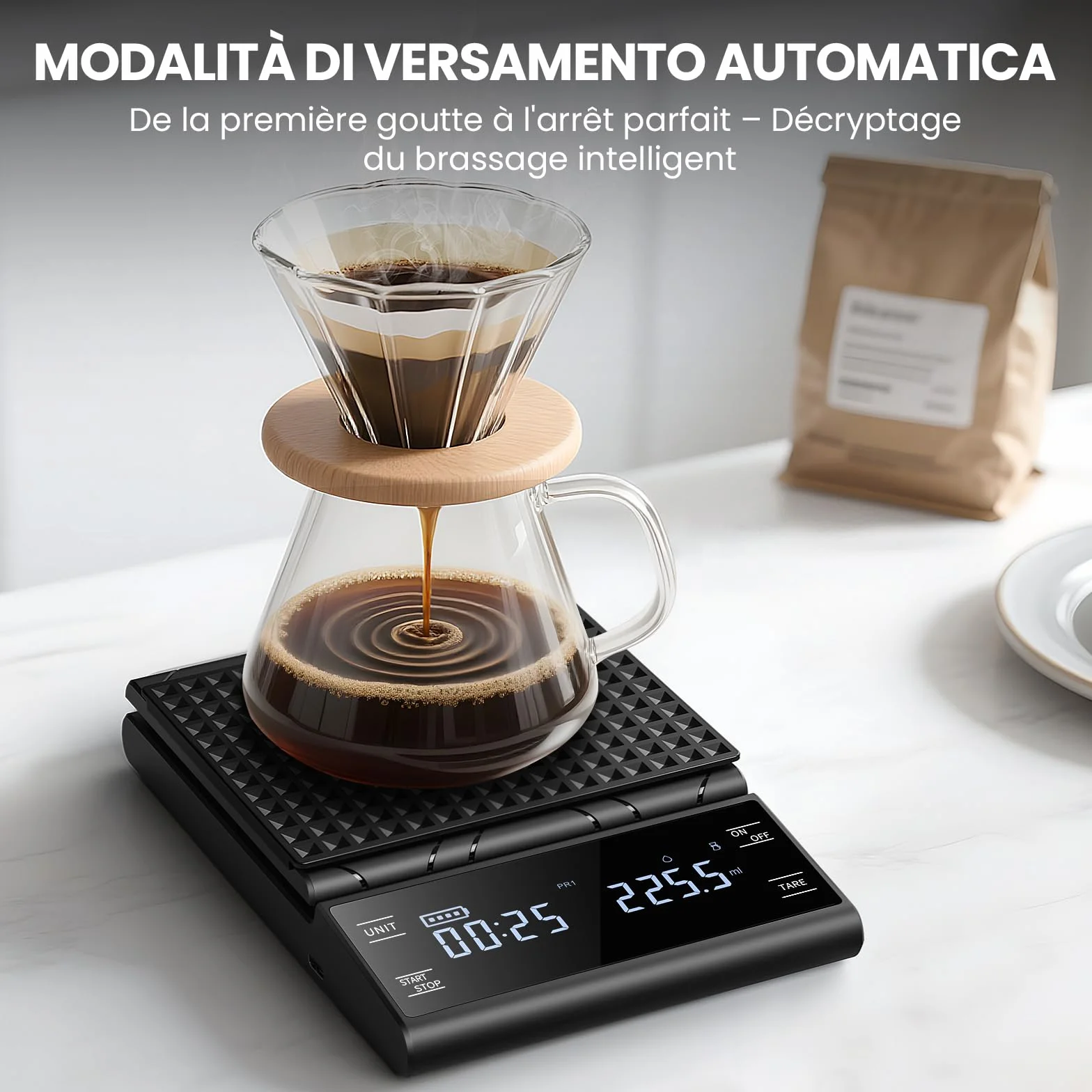 Bilancia da Caffè con Timer, Bilancia da Cucina Digitale Ricaricabile, Bilancia di Precisione da 5 kg/0,1 g per Espresso e Versamento, Bilancia da Caffè con Misurazione Automatica del Tempo