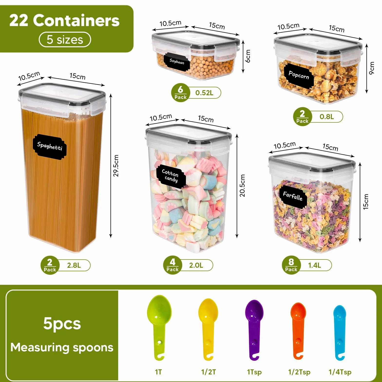 22 Pezzi Contenitori Ermetici per alimenti,Contenitore Plastica con Coperchio per Alimenti Denza BPA,Set Contenitori per Alimenti per Cereali,Pasta,Riso e Caffè