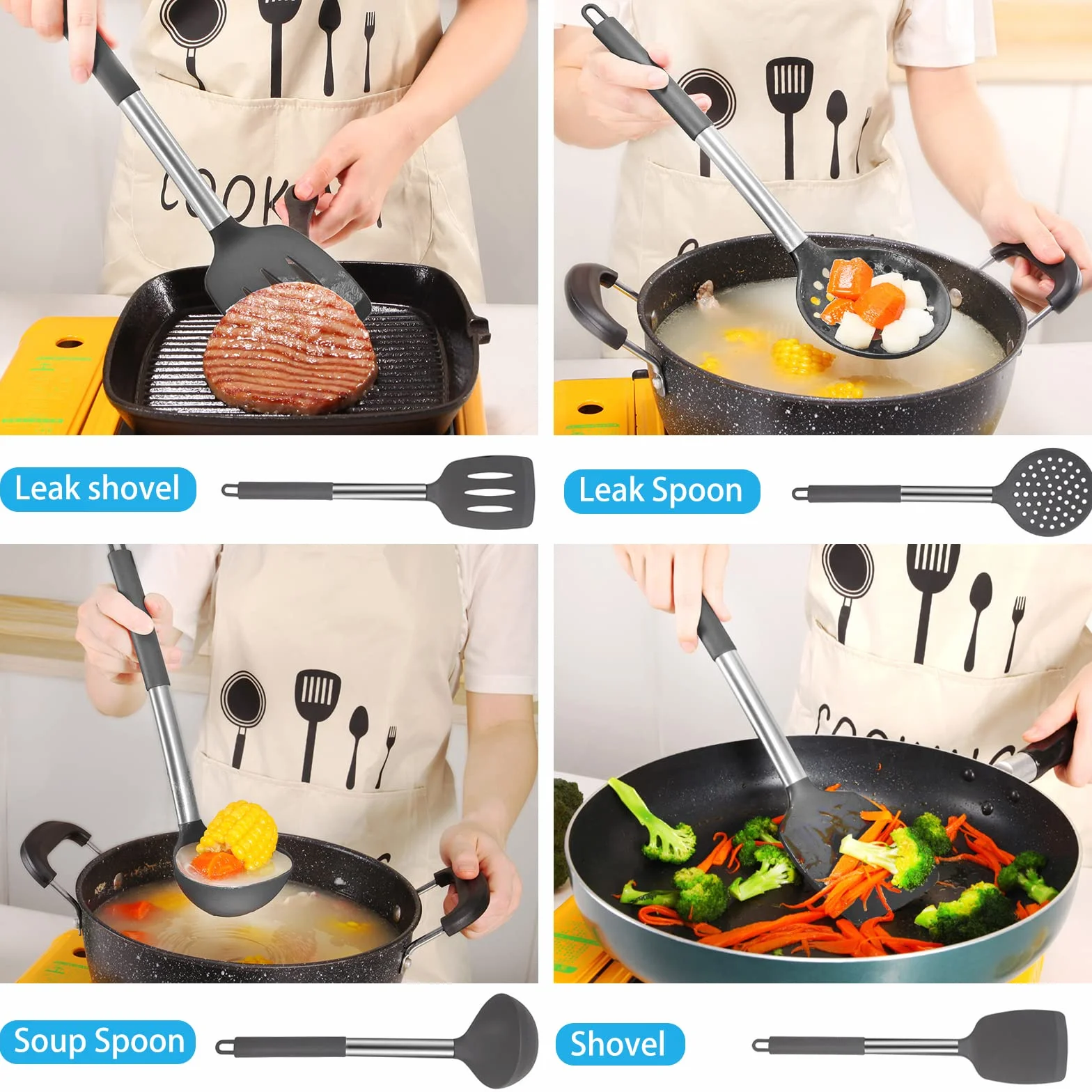 Set di Utensili da Cucina in Silicone, 44pcs Con 20 Ami, 5 Cucchiai Dosatori Piccoli, Resistente al Calore Antiaderenti Con Ganci - Grigio Scuro