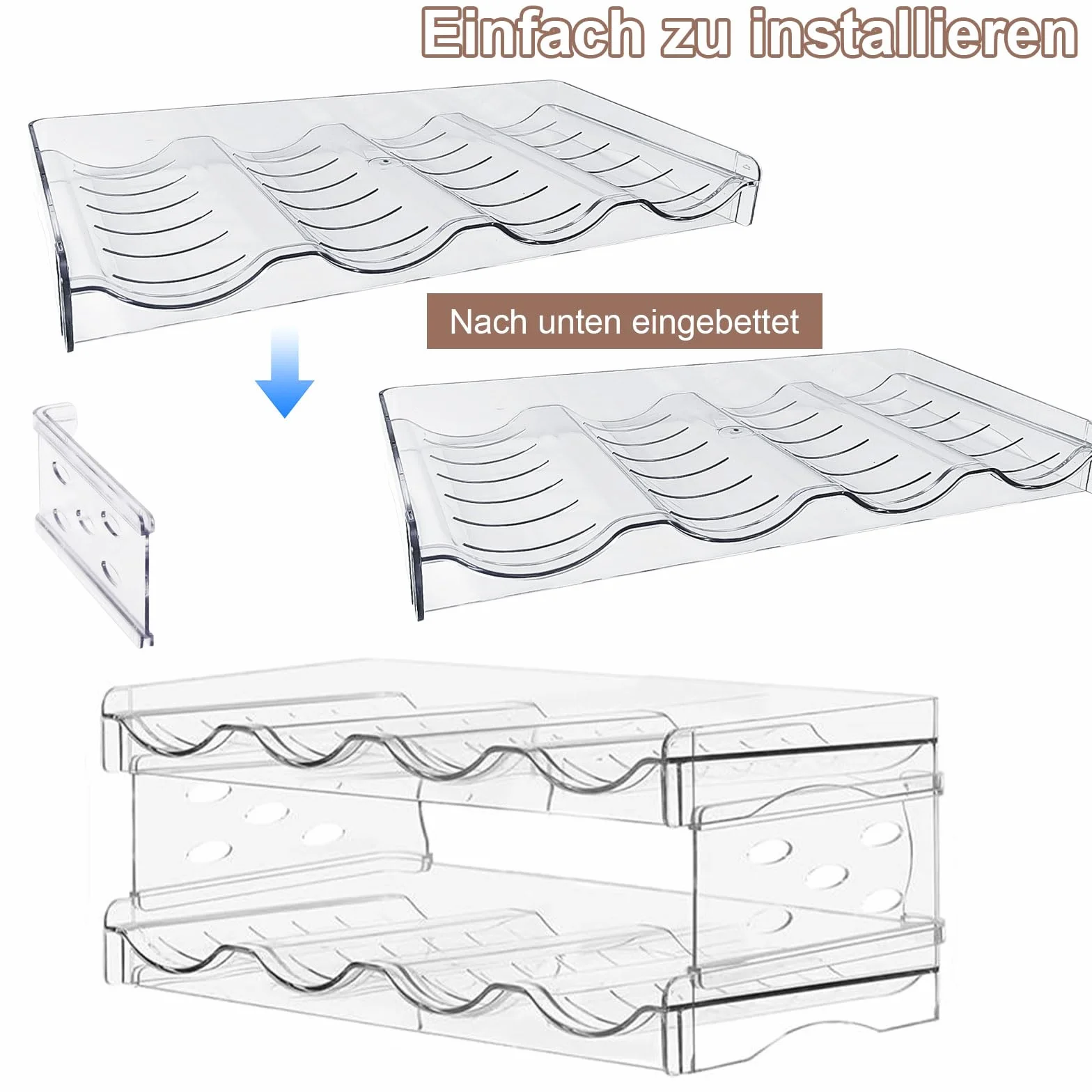 4 Livelli Porta Bottiglie Frigorifero, Contiene 16 Bottiglie, in Plastica, Portabottiglie Frigo Impilabile, Rimovibile, Adatto per Bottiglie, Bevande, Bicchieri (Trasparente)