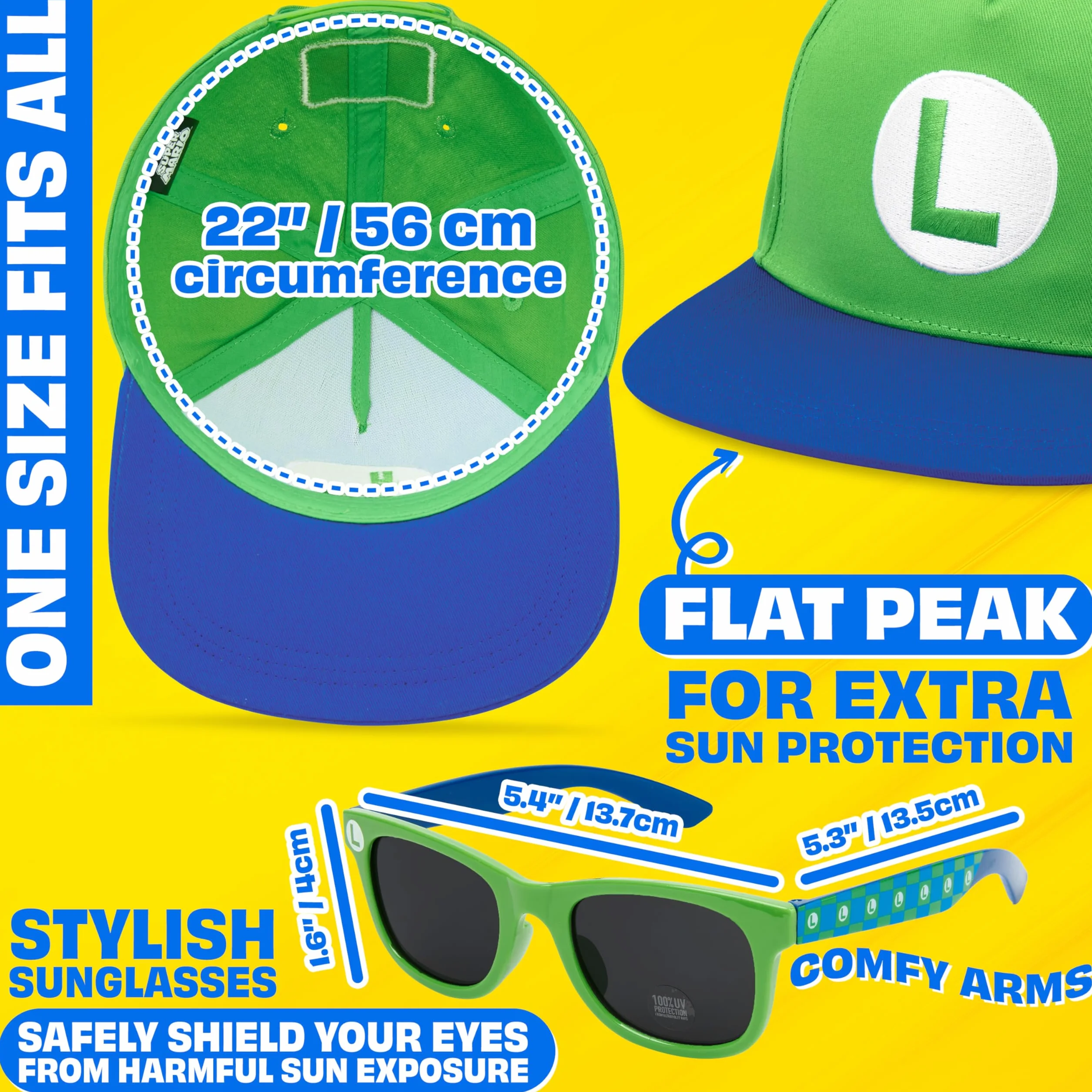 Cappello Baseball Occhiali da Sole Bambino Set Minecraft Fortnite Super Mario Spongebob Protezione UV