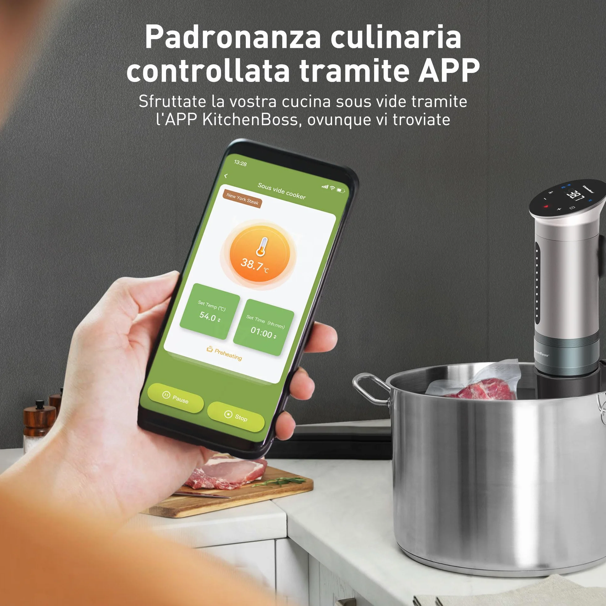KitchenBoss Roner Sous Vide 1100W Wi-Fi LED Circolatore di Immersione Temperatura Controllo Remoto