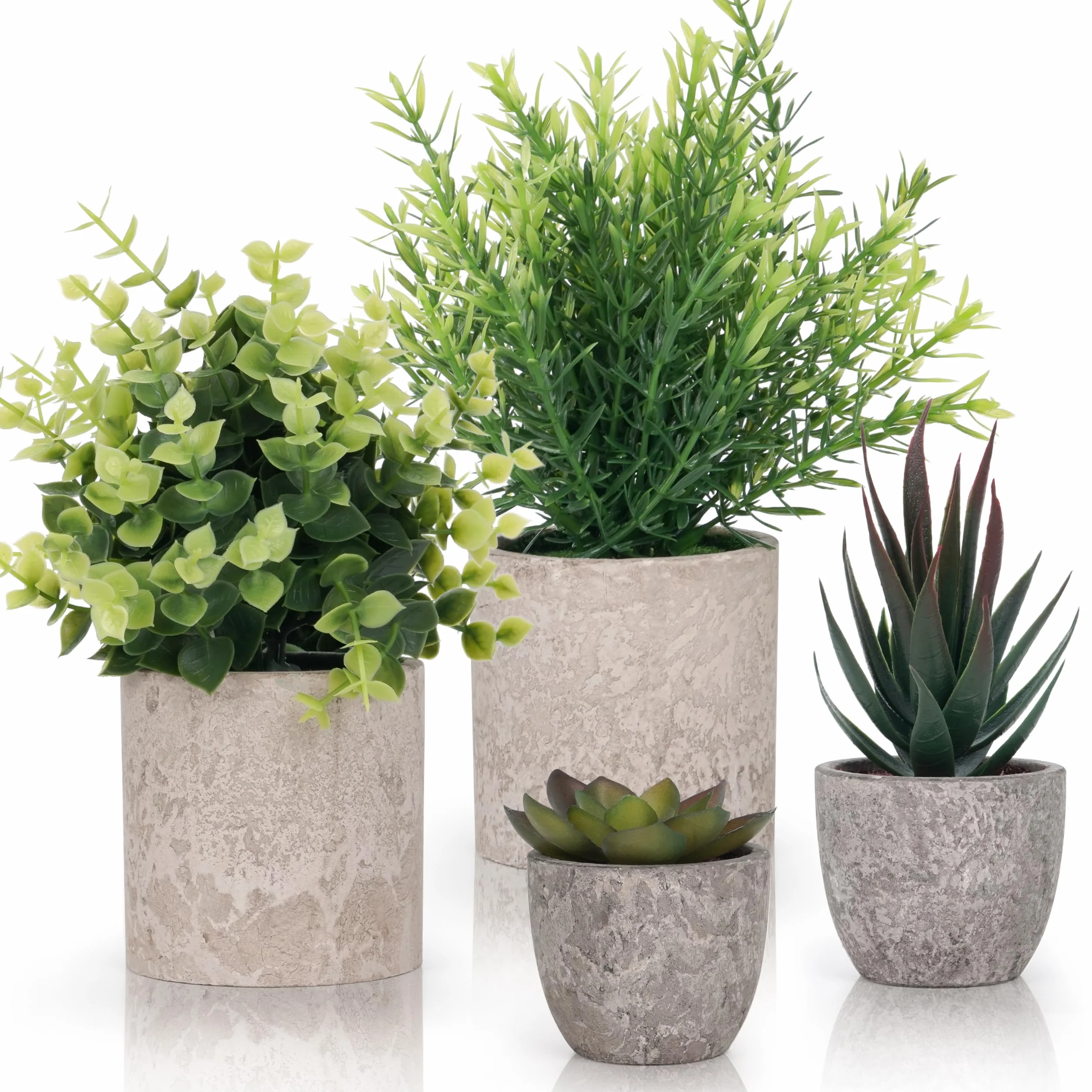 Winter Shore Piante Finte Piccole Verdi Set da 4 - Piantina Finta Decorativa con Fascino Rustico - Piante da Interno in Vaso per Bagno e Ufficio - Eucalipto e Piante Grasse Finte