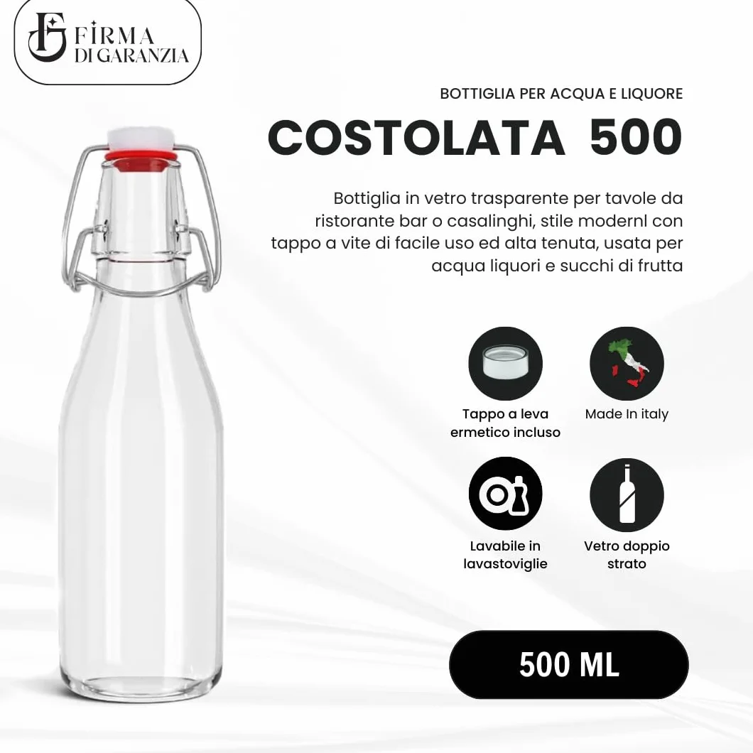 Bottiglia Costolata vuota Acqua Vino Vintage Milly 500cc Mezzo litro Tappo Meccanico Ermetico Set 6 Pezzi