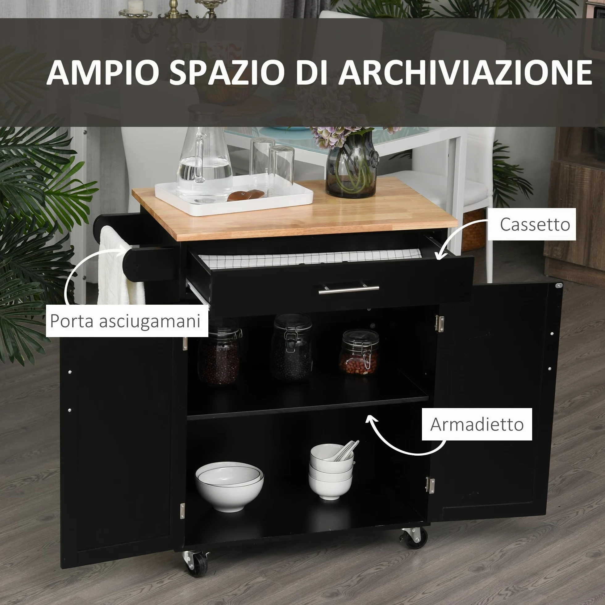 HOMCOM Carrello da Cucina con Cassetto e Armadietto 2 Ante, Isola Cucina con Ruote e Barra Laterale per Asciugamani, 83x45x91.5cm, Nero