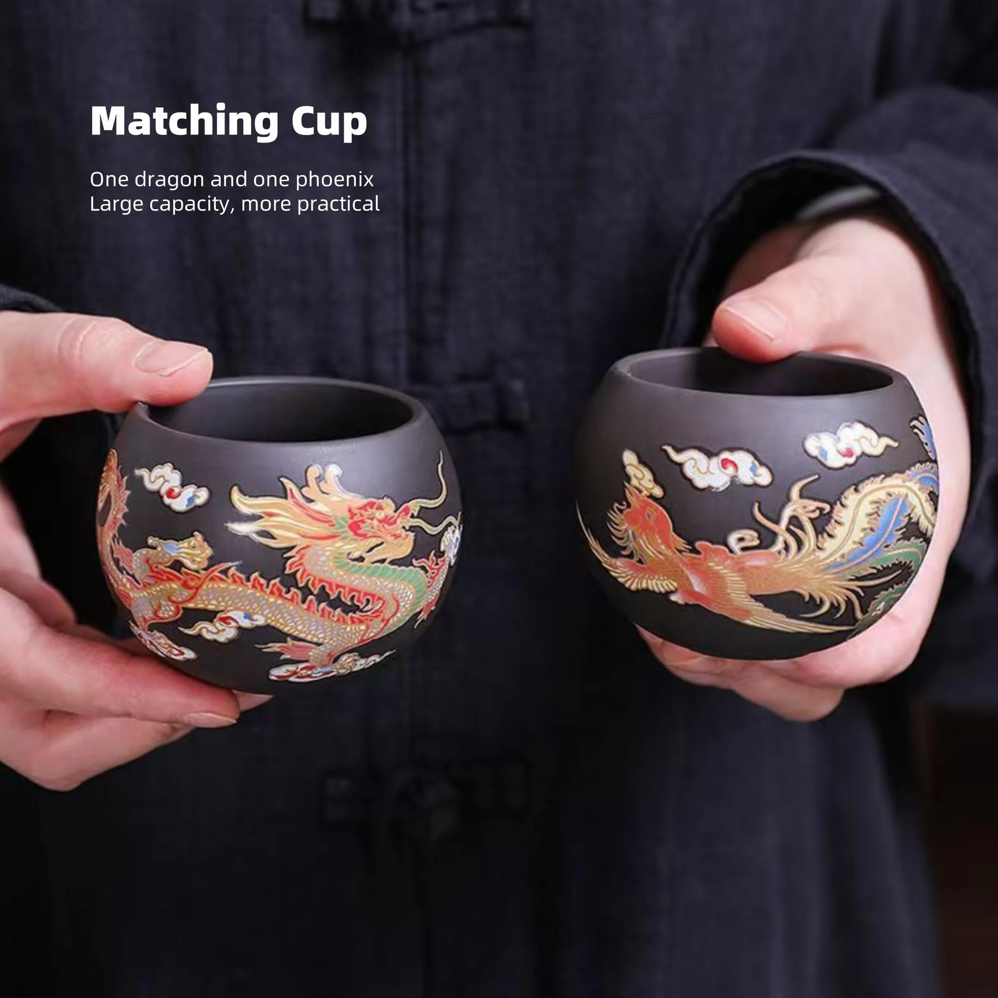 Set di Teiera Yixing Zisha 450ML, Teiera Cinese in Argilla Fatte a Mano con Scatola Regalo, Set da Tè Che Cambia Colore, Teapot Kung Fu con 2 Tazze, Drago e Fenice