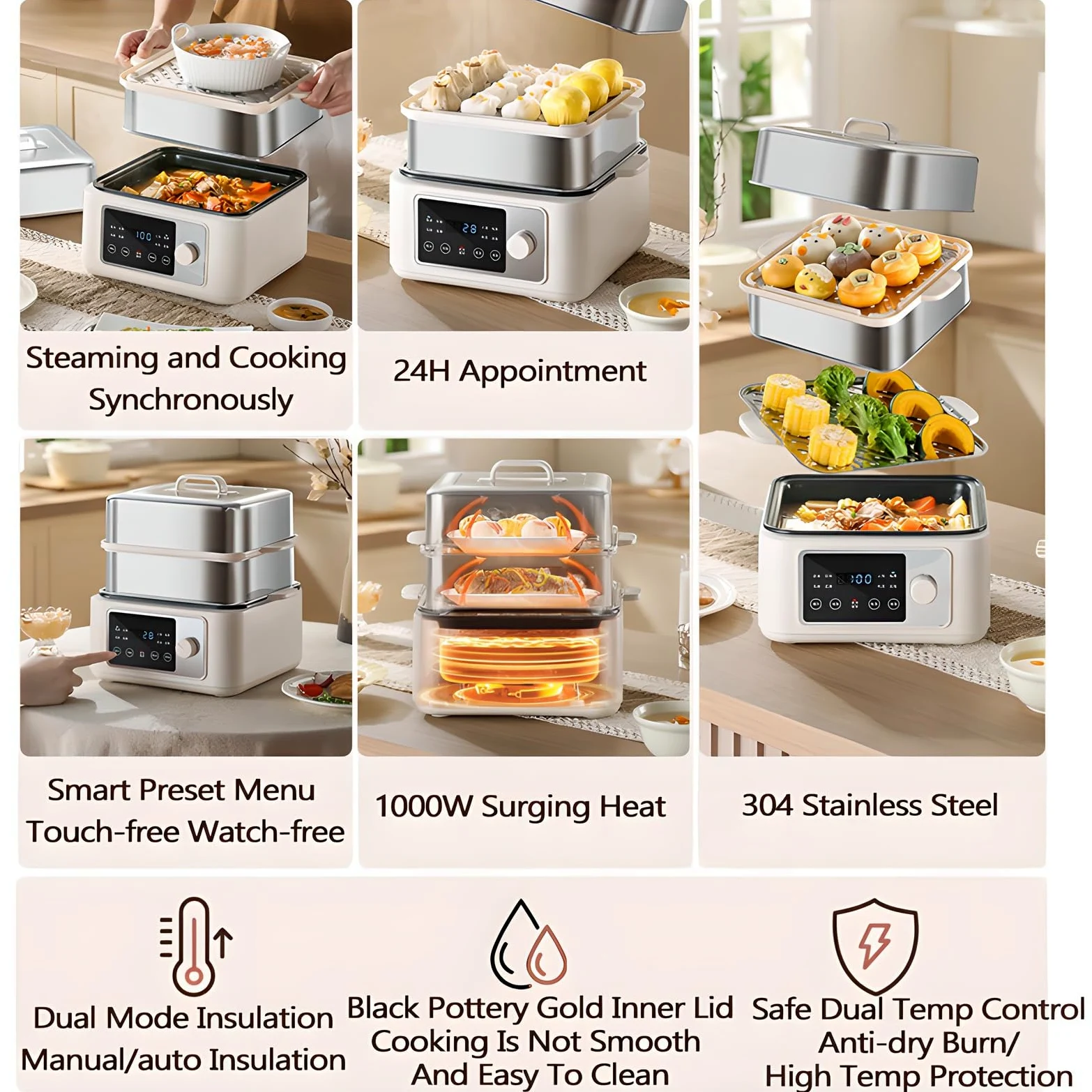 Vaporiera elettrica, 8/12/16 l, 1350 W, vaporiera per Verdure con Touch Screen, Timer 24 Ore, 8 funzioni Menu, Isolamento a Doppia modalità, vaporiera Multifunzione Intelligente in Acciaio Inox 16L