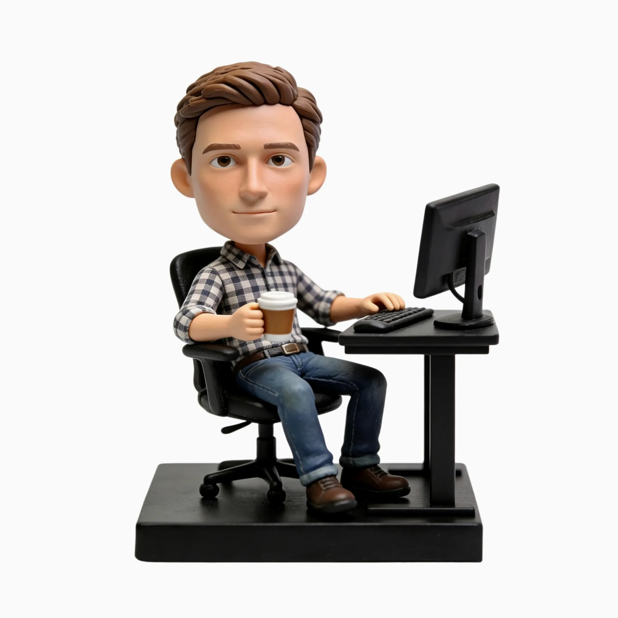 Bobblehead personalizzato per ufficio, statuetta 3D personalizzata da foto, statua in argilla polimerica fatta a mano, mini tazza da caffè da scrivania, decorazione da scrivania per compleanno