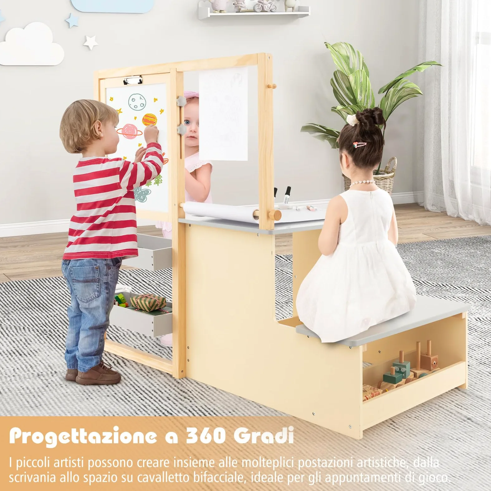 RELAX4LIFE Set Tavolo con Sedie 3 in 1, Cavalletto Regolabile/Scaffale/Scrivania/Lavagna Bianca/Lavagna Nera/Libreria con Tazze,Pennarelli,Gomma, Gessetti,114x81x100 cm (GRIGIO)