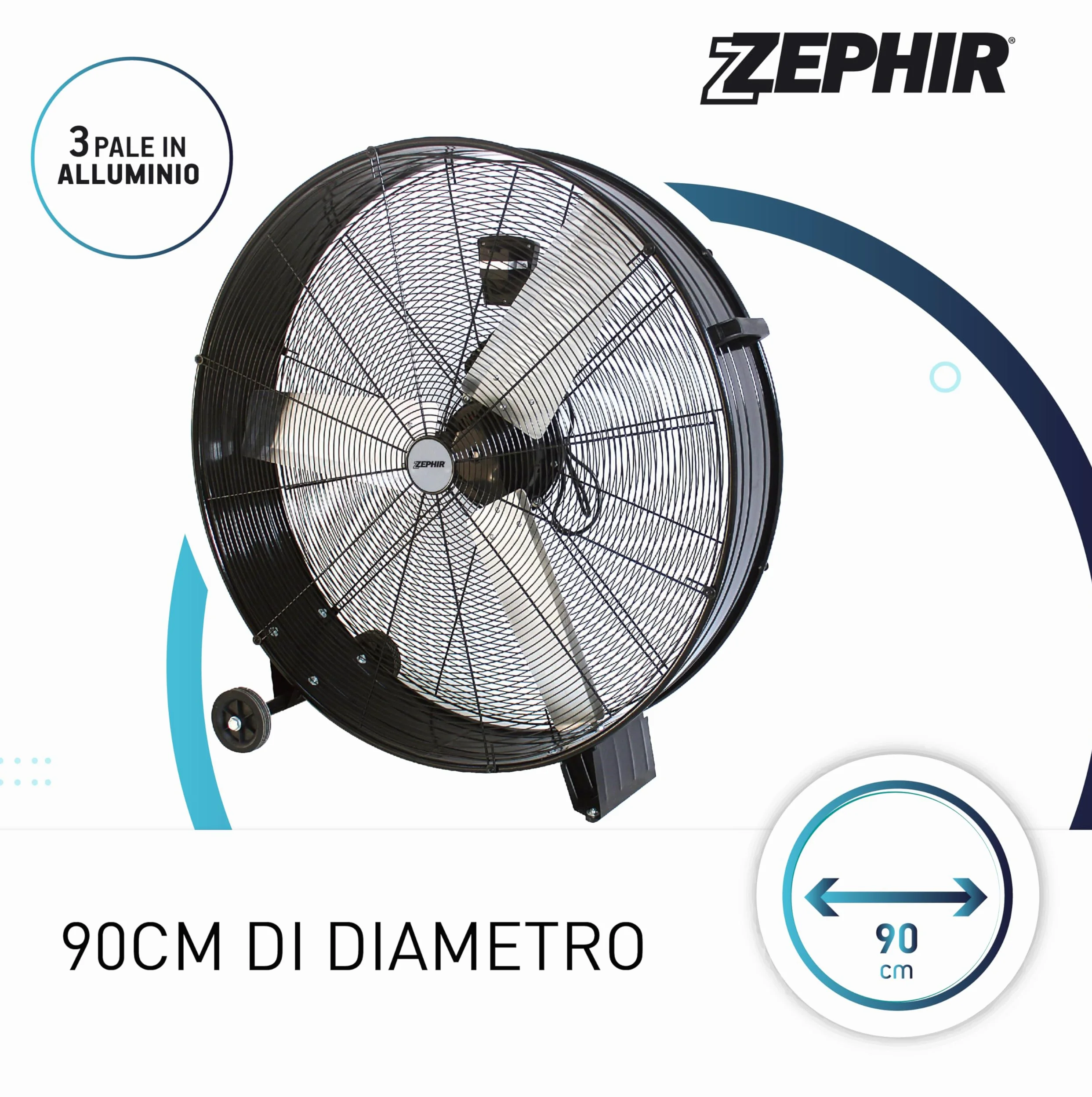 Zephir ZDM90CM Ventilatore Industriale da Terra Professionale con Ruote Struttura Interamente in Metallo Superpotente Pala 90 cm Gabbia 3 velocità selezionabili Motore da 360W, Nero