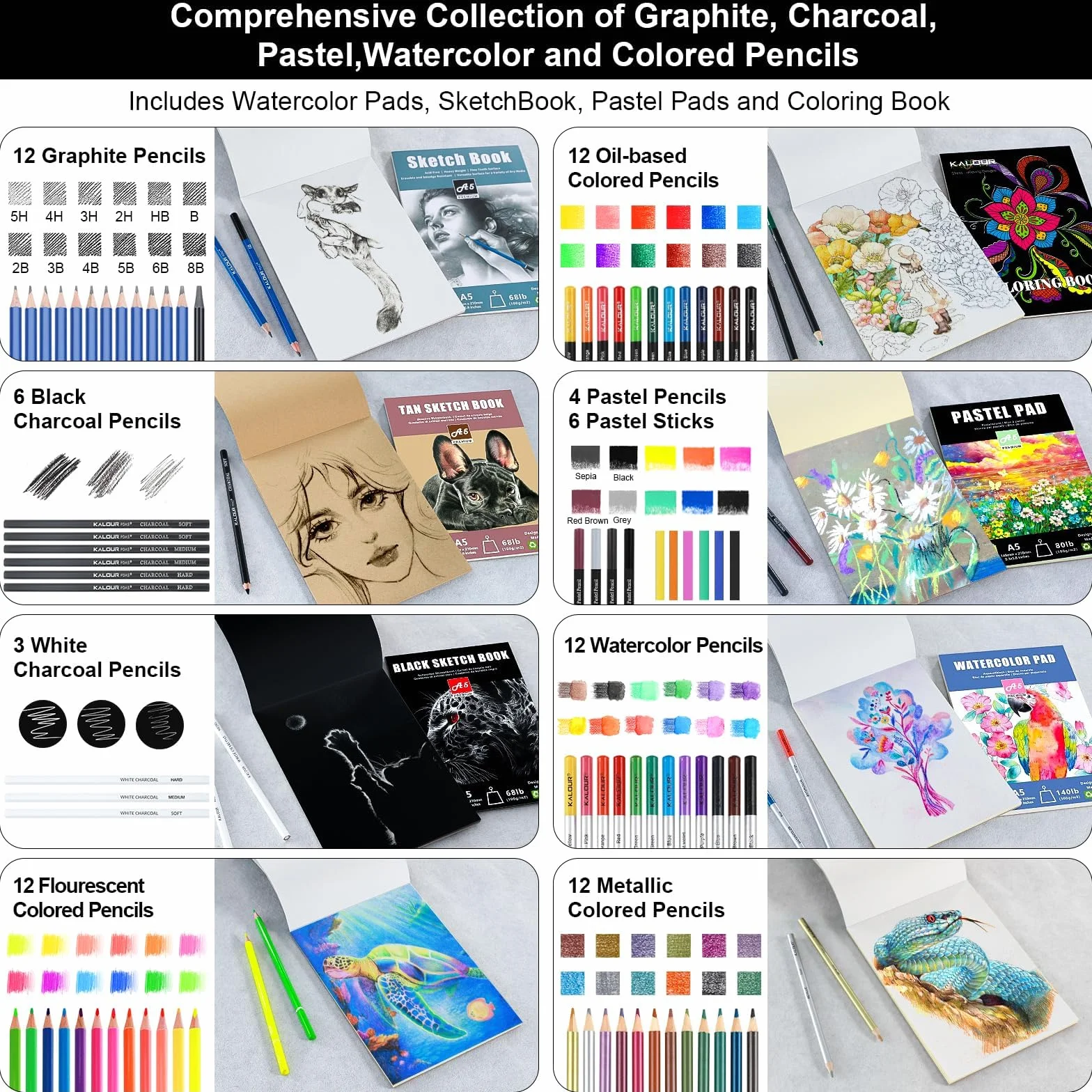 KALOUR PDAS 109 Set da Disegno Kit da Schizzo, Forniture Artistiche Professionali con Matite Fluorescenti, Colorate, Acquarello, Metalliche, Grafite, e Carbone, 6 Quaderni da Schizzo