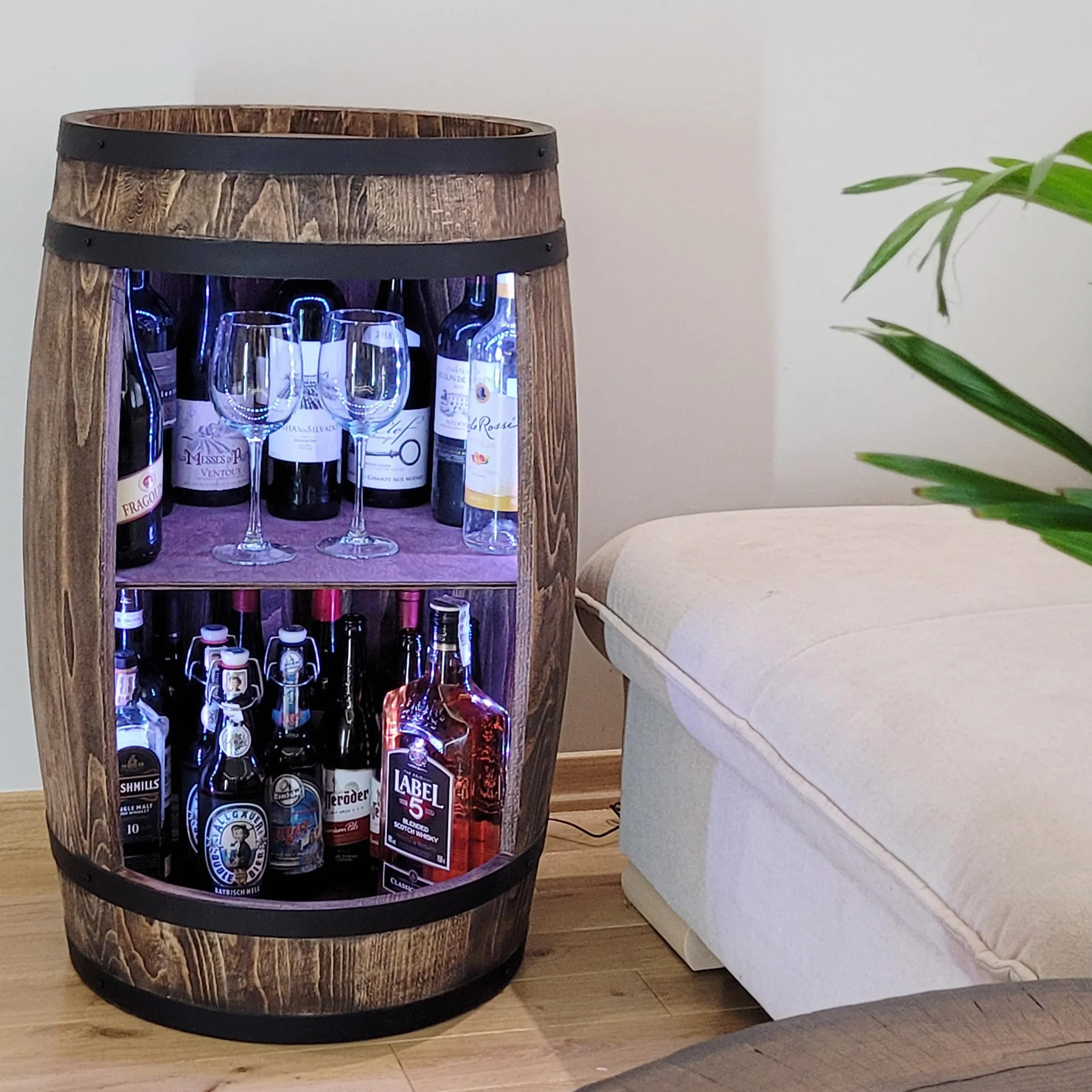weeco Mobiletto bar a barile in legno con illuminazione a LED RGB, Minibar a forma di botte. Armadietto con ripianoper vini whisky - botte tavolo.Un uomini, Botte per Vino (wengé)