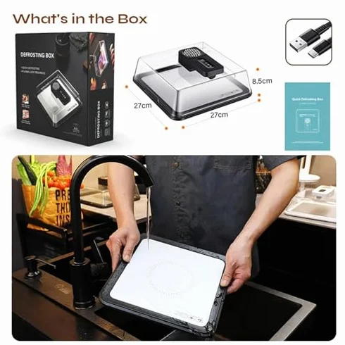 Vassoio per scongelamento rapido per carne congelata, tappetino per scongelamento intelligente con tecnologia di flusso d'aria, include coperchio e timer, ricaricabile, ideale per bistecca, pollo