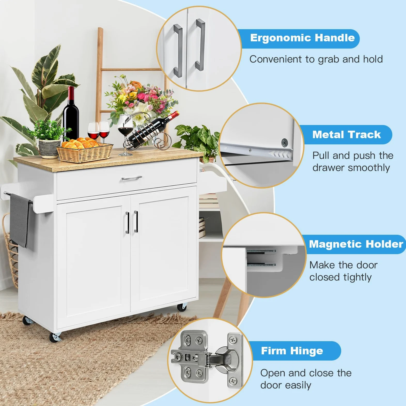 KOMFOTTEU Carrello da Cucina Ausiliario, Carrello di Servizio con Cassetto e Ripiano Regolabile, Isola da Cucina da Sala da Pranzo con Ruote Universali con Freni, in Legno, 116 x 40 x 85 cm, Bianco