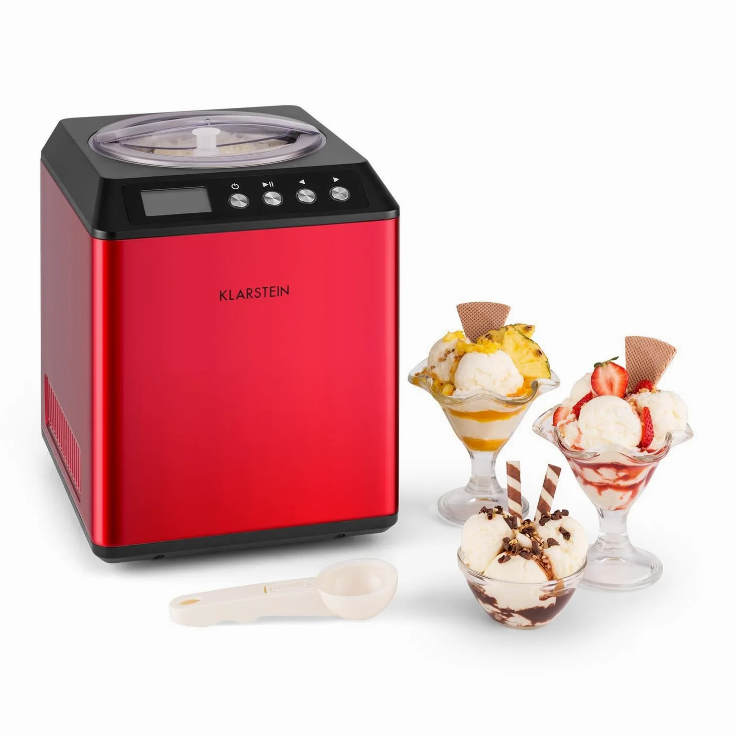 Klarstein Vanilla Sky - Macchina per Gelato, Funzione di Raffreddamento, Timer, 3-4 min, Display LED, Facile da Pulire, Acciaio Inox, Cucchiaio, 18 Watt, Capacità: 2 Litri, Rosso