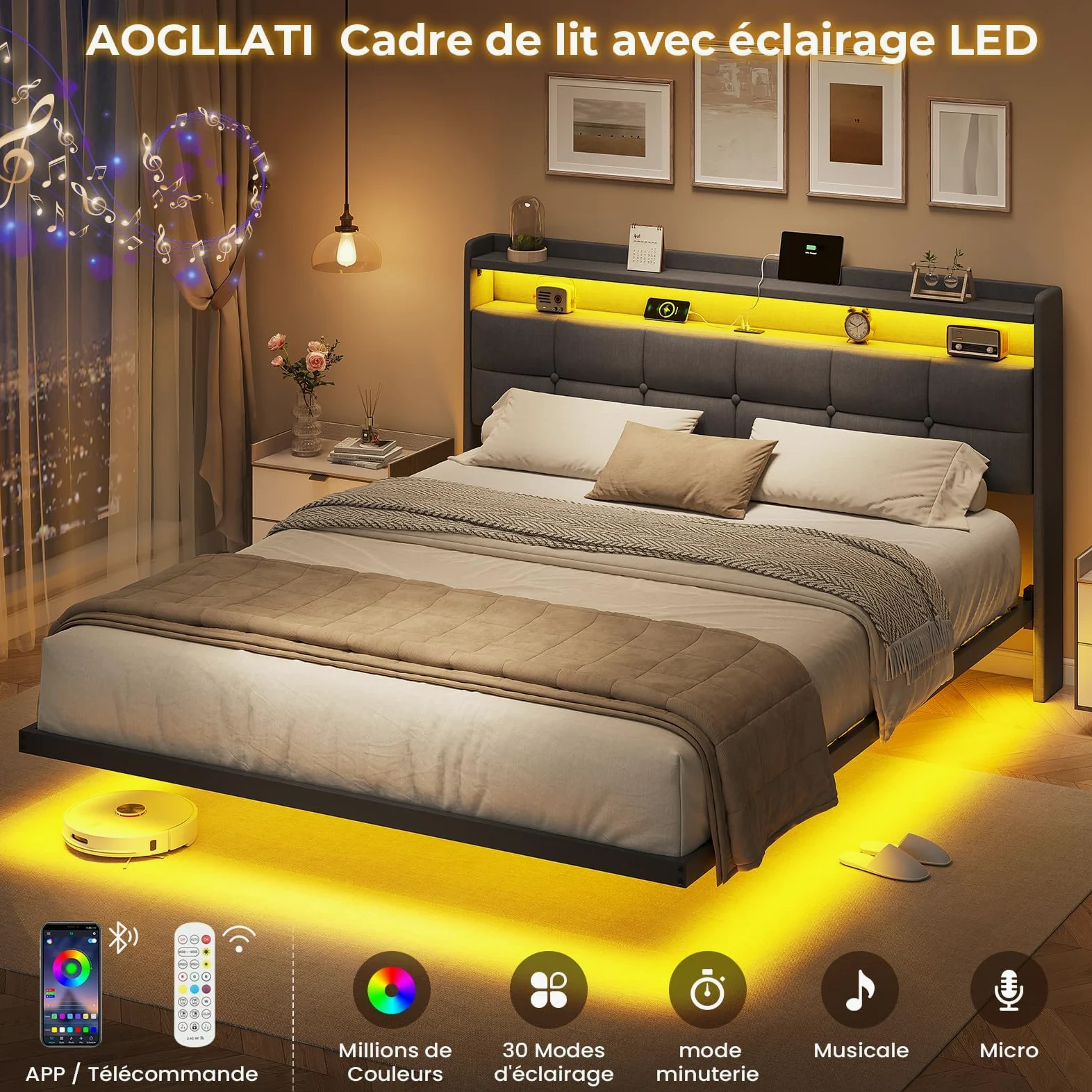 AOGLLATI Letto Matrimoniale 160x200 cm con Effetto Visivo Levitante, Struttura Letto con LED e Stazione di Ricarica, Letto con Testiera Imbottita e Struttura in Metallo, Senza Materasso, Grigio Scuro