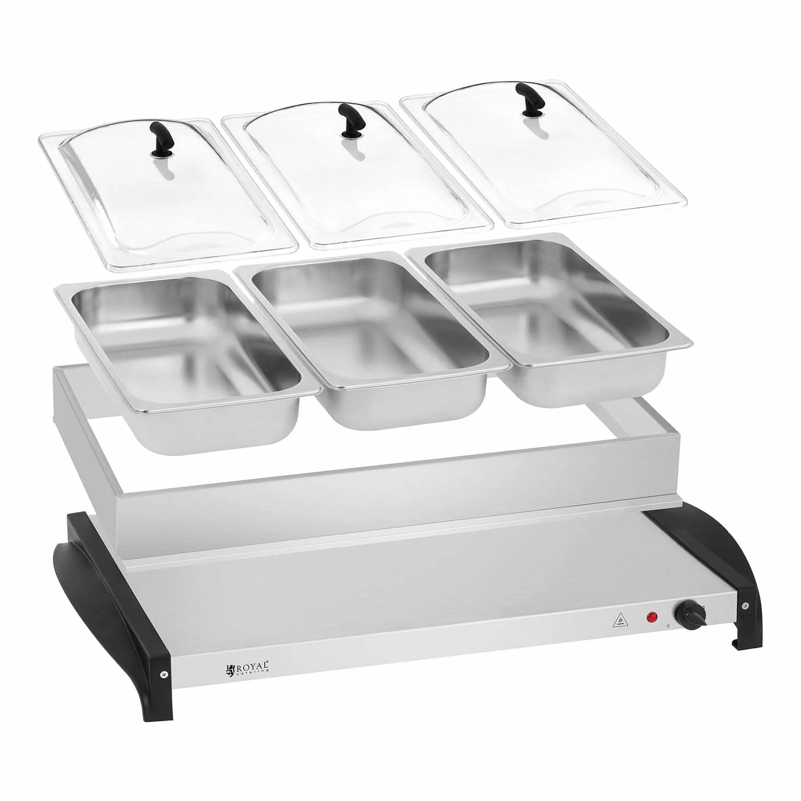 Royal Catering RCHP-400/3 Scaldavivande Elettrico Piano Caldo per Buffet (3 x 2 L, 400 W, 52,5 x 35,5 cm, Temperatura 45–85 °C, Acciaio Inox, Vetro Acrilico)