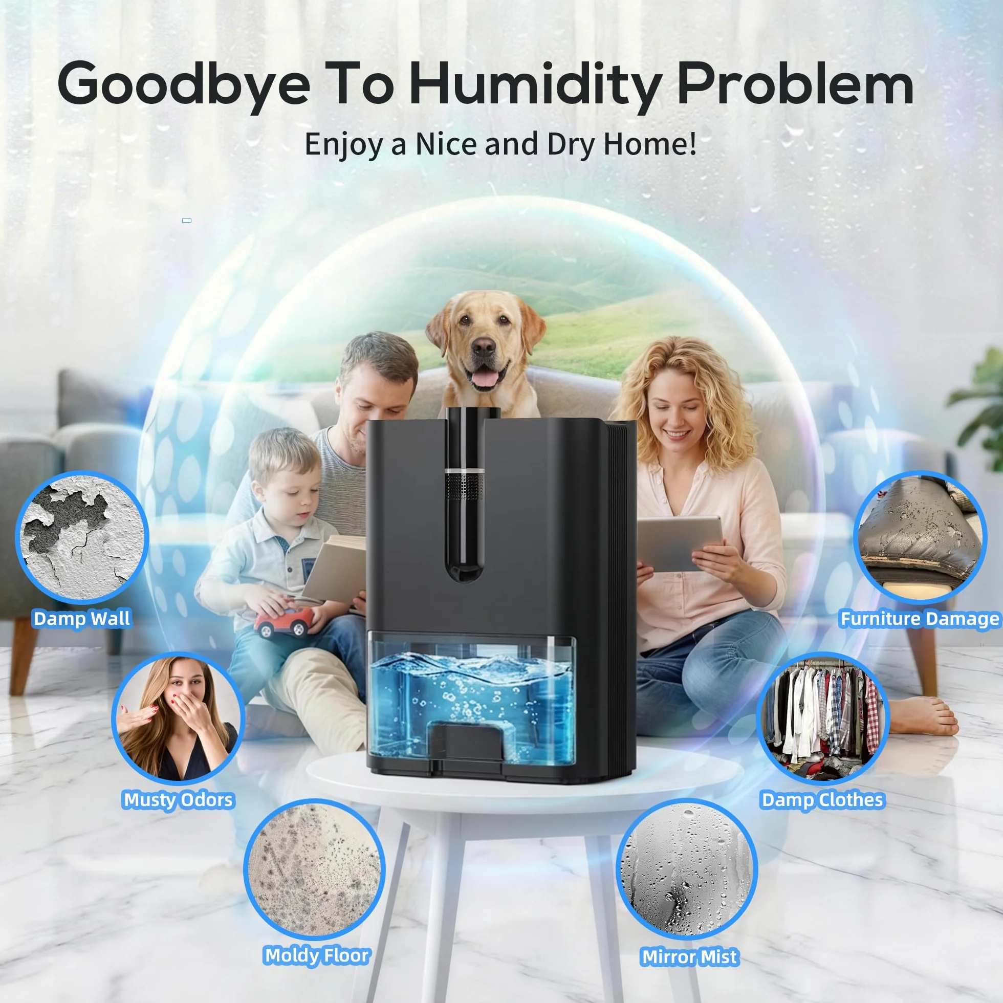 Deumidificatore Casa, 2500ML Dehumidifier per Casa Muffa, Deumidificatore Elettrico Silenzioso con Tubo di Scarico, Spegnimento Automatico, Modalità Sleep, Deumidificatori per Bagno,Camera,Armadio