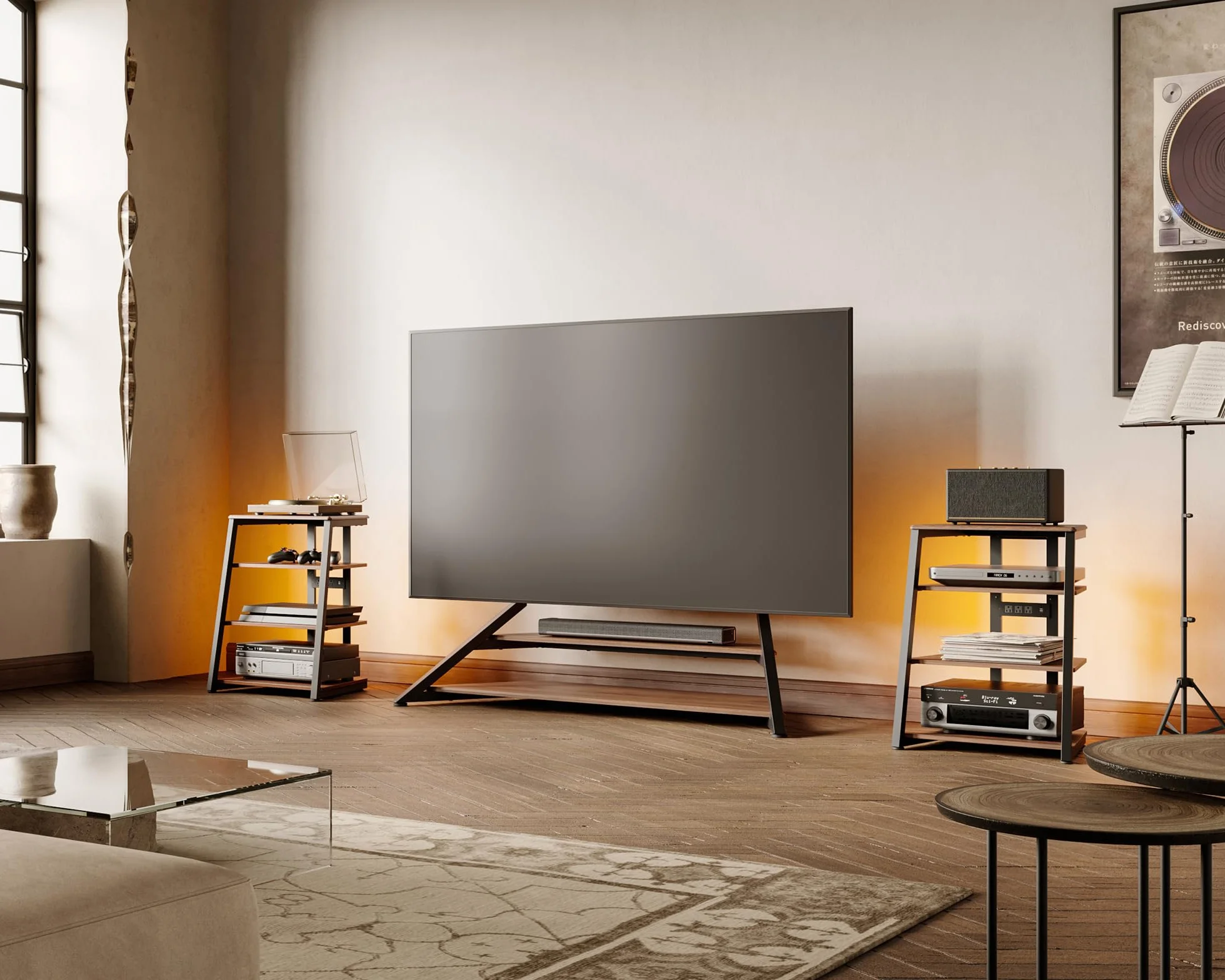 FITUEYES Mobile HIFI con Luci LED e Prese 4-Level Mobile Giradischi Capacità di Carico 50 kg Serie Eiffel