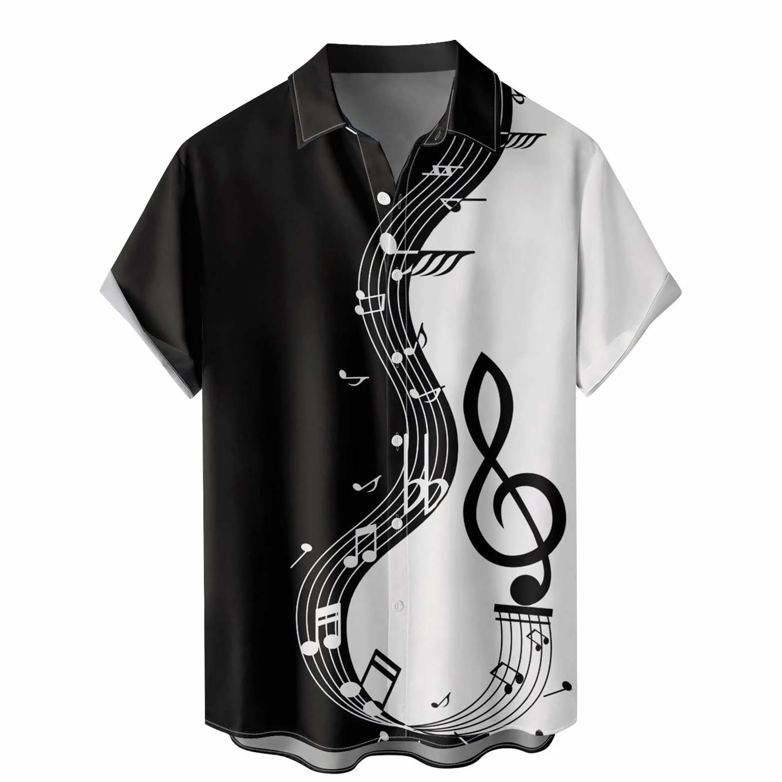 Camicia Uomo Casual Stampa Patchwork Musicale Maniche Corte Polsini Rinforzati
