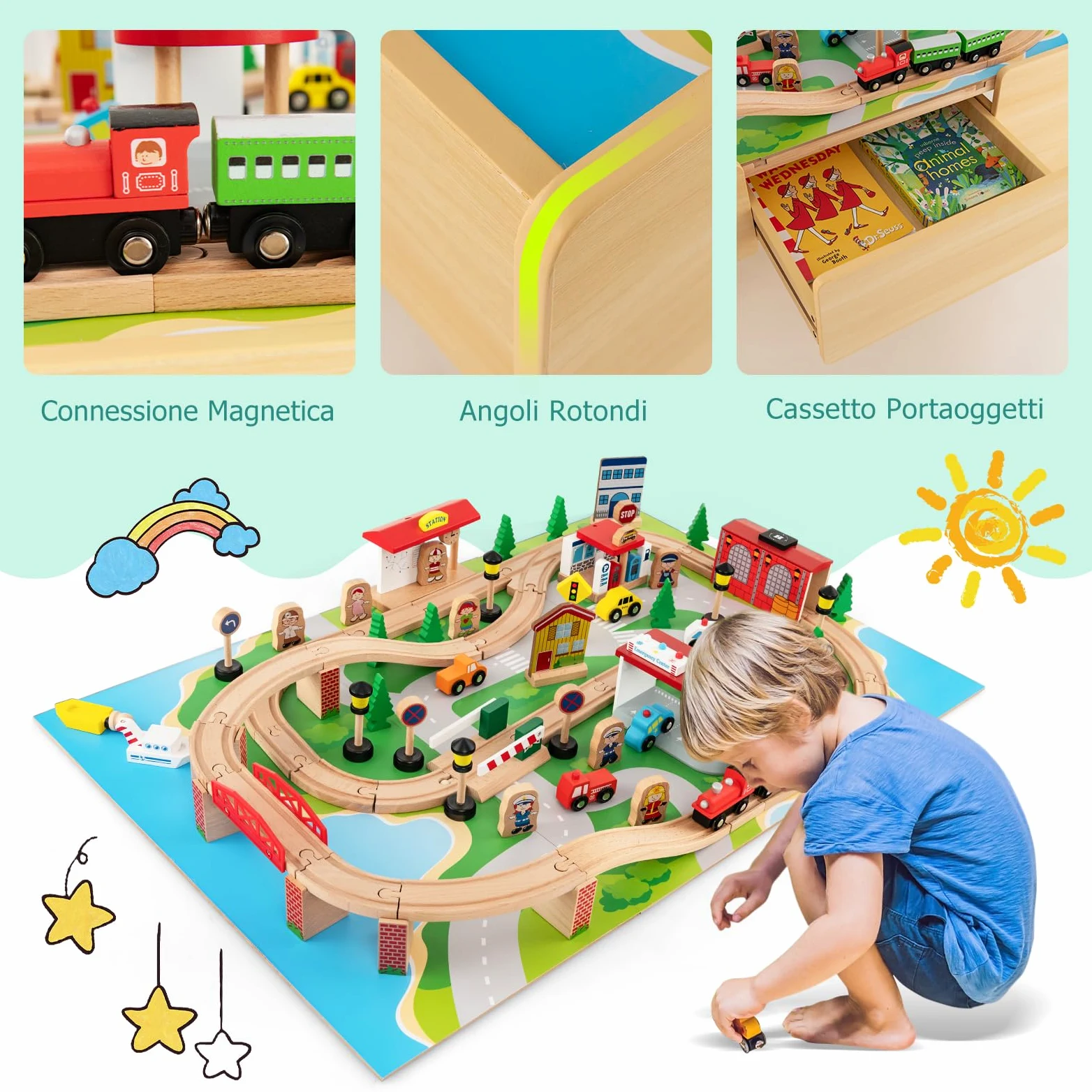 RELAX4LIFE Tavolo Attività in Legno per Bambini con Binari e Treno, da 84/80 Pezzi, Piano Reversibile e Rimovibile, Cassetto per Ragazzi e Ragazze (Naturale,84 pezzi)