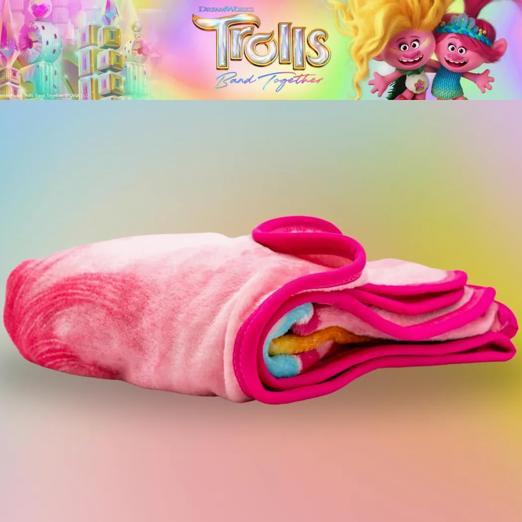 Franco DreamWorks - Coperta per bambini con 3 bande di film Trolls in seta super morbida, 101,6 x 127 cm, prodotto con licenza ufficiale
