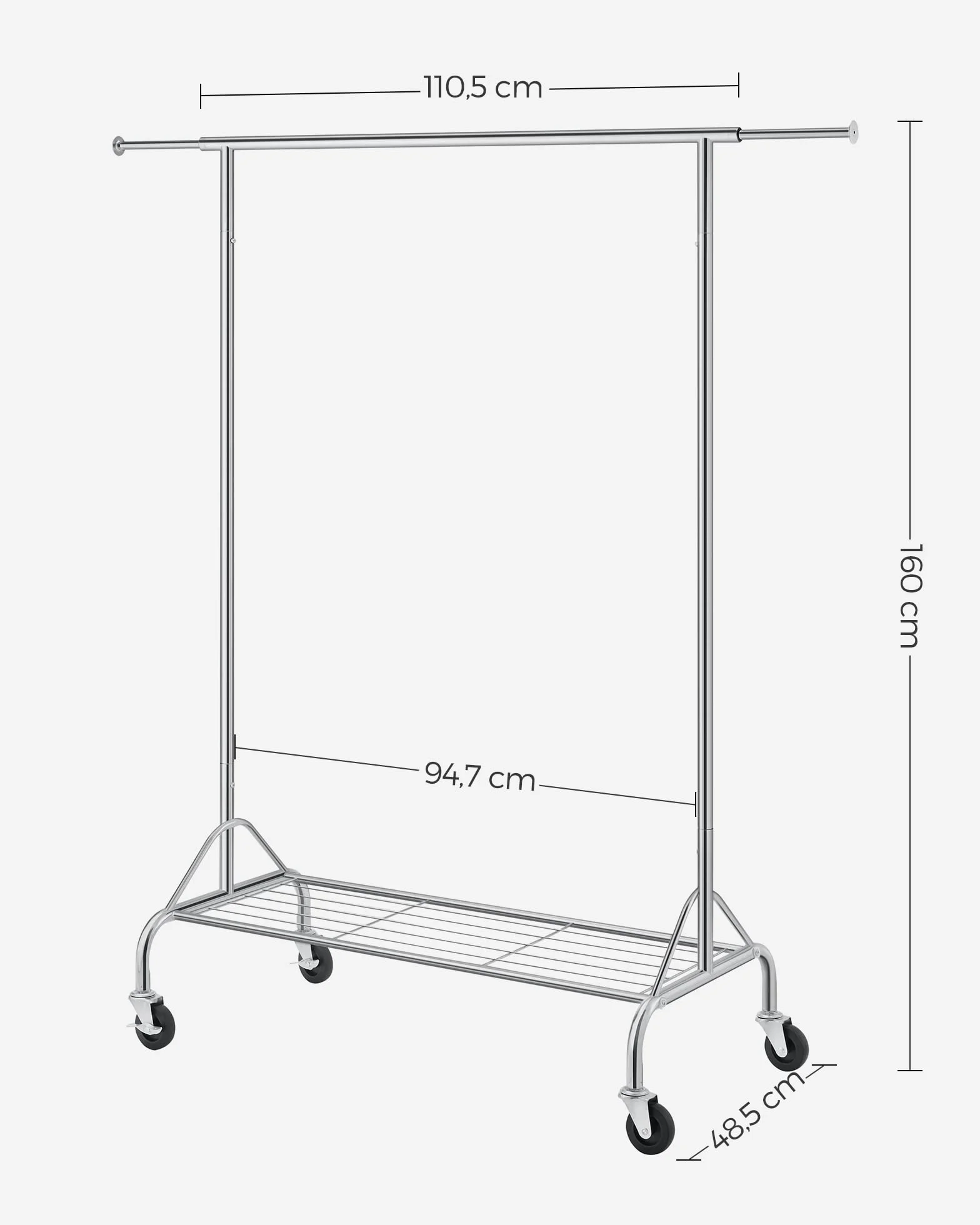 SONGMICS Appendiabiti in Metallo Cromato con Ruote, Portata 50 kg, 110,5-150,5 x 160 x 48,5 cm HSR02S