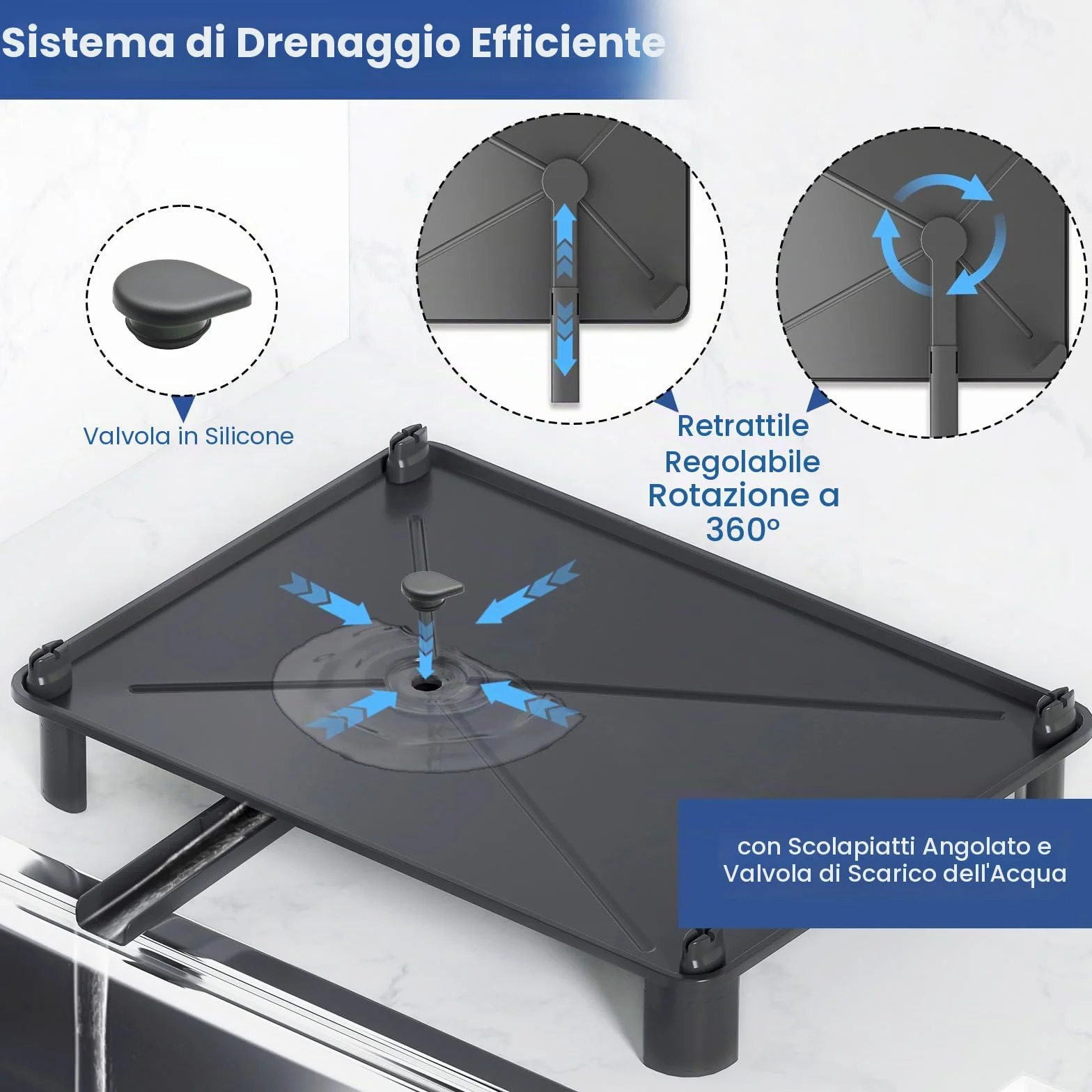 Scolapiatti Scaffale per Stoviglie con Portaposate Drenaggio Regolabile Nero Antiruggine