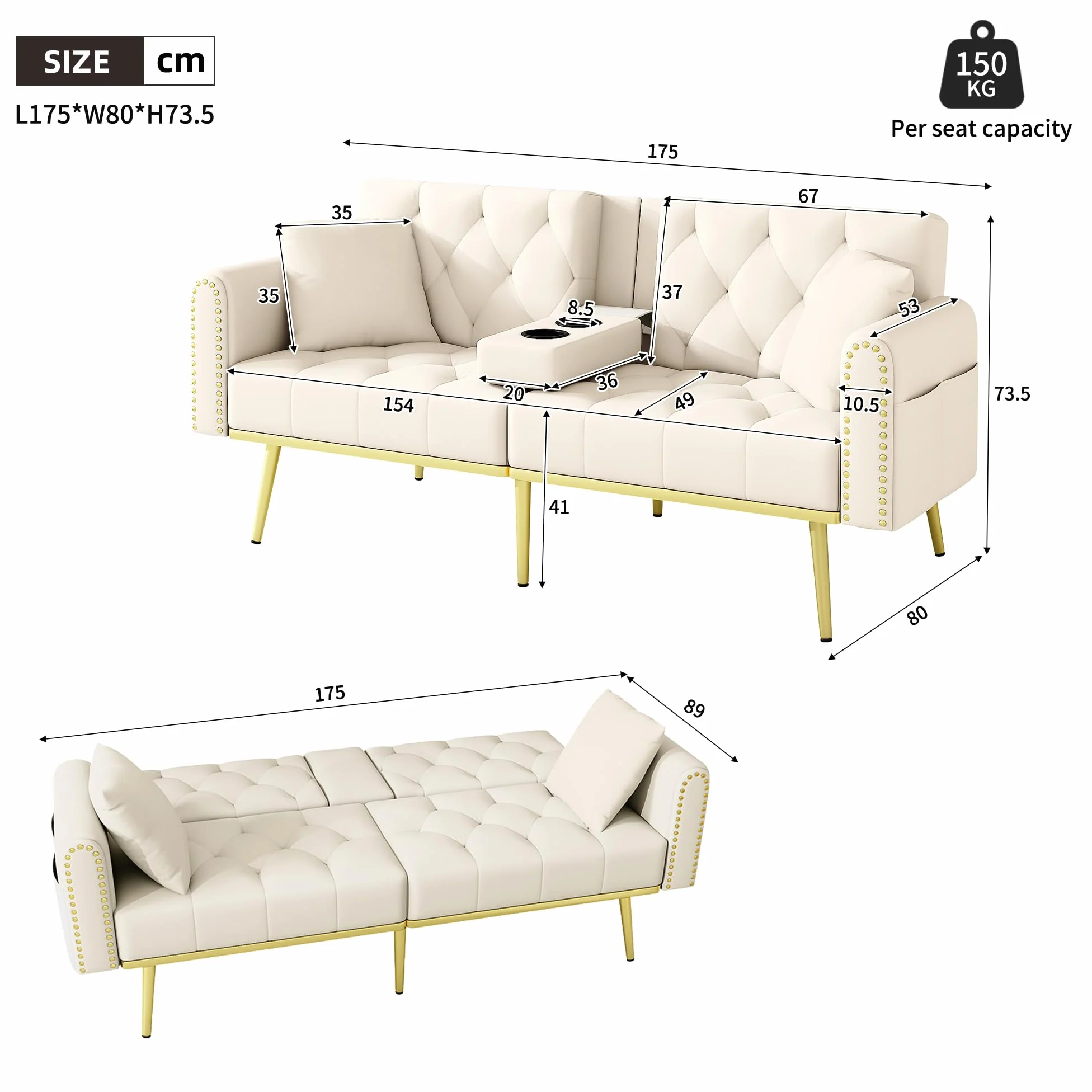 Divano letto doppio pieghevole, beige, 80 x 180 cm, con funzione sdraio, tre angoli di inclinazione regolabili e portabevande, adatto per soggiorno, camera da letto, camera degli ospiti