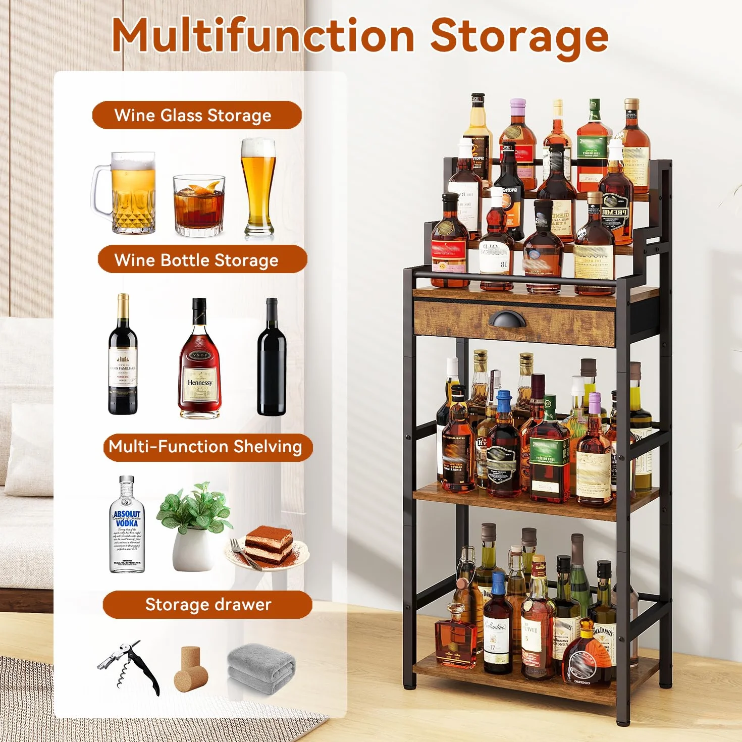IBUYKE Portabottiglie Vino Gradini da Terra,Mobile Vino con Cassetto per Whisky,Espositore per Bottiglie di Liquori per Bar, Soggiorno, Sala da Pranzo,Marrone TMJ915H