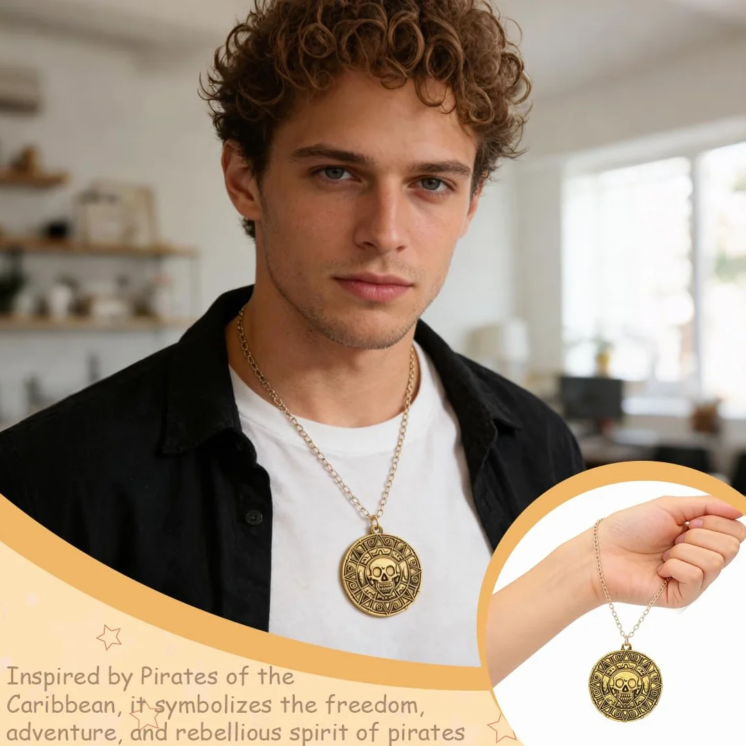 Collana Moneta Azteca Bussola Teschio Gioiello Pirata Carnevale Oro Argento