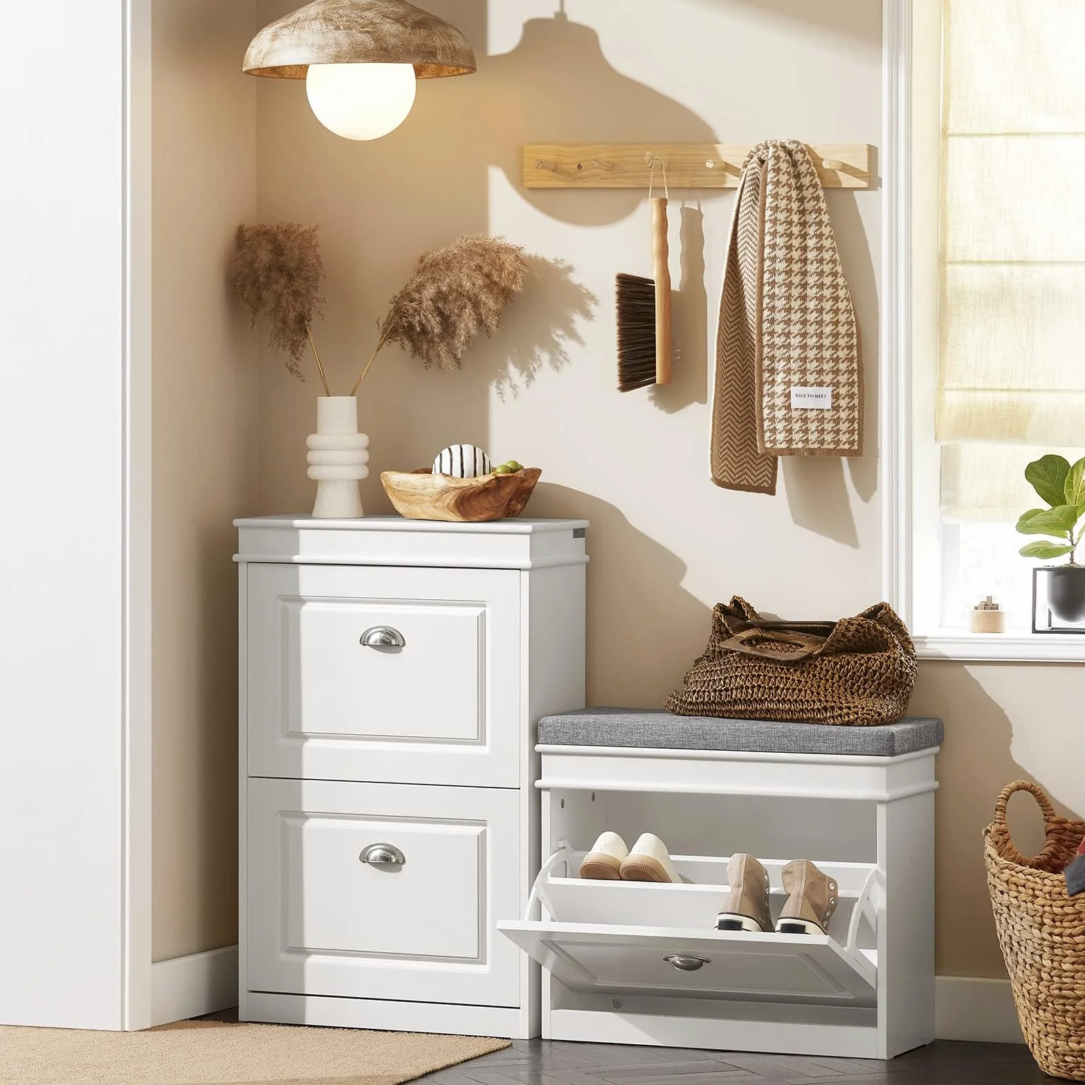SoBuy Scarpiera Salvaspazio Slim con Seduta Panca Ingresso Contenitore Legno 60x24x51 cm Bianco FSR82-K-W