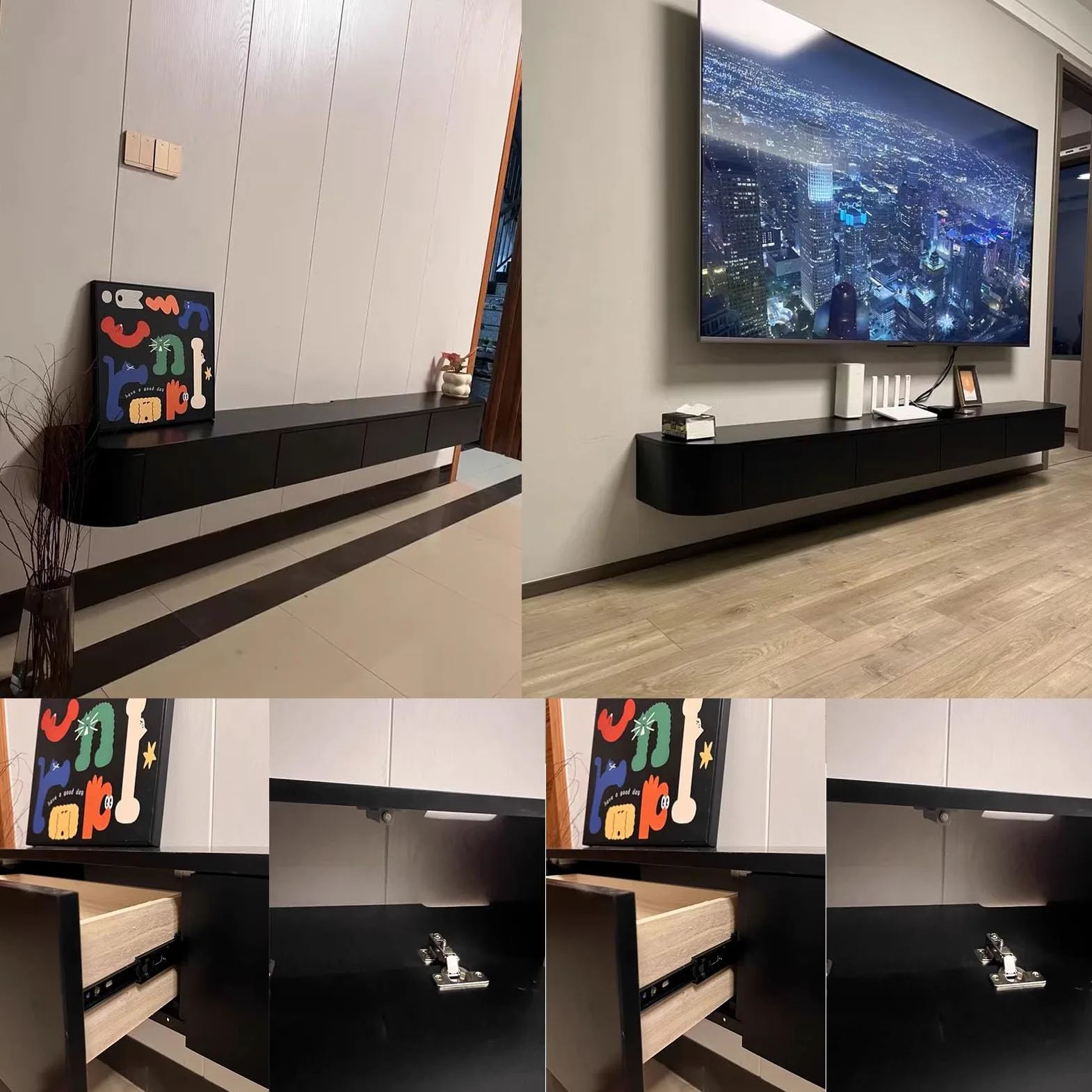 Supporto TV Sospeso in Legno Massello per Soggiorno Casa - Tavolino Supporto TV 140, 160, 180, 200, 220, 240 cm, Diverse Dimensioni (Nero, 220 x 20 x 24 cm)