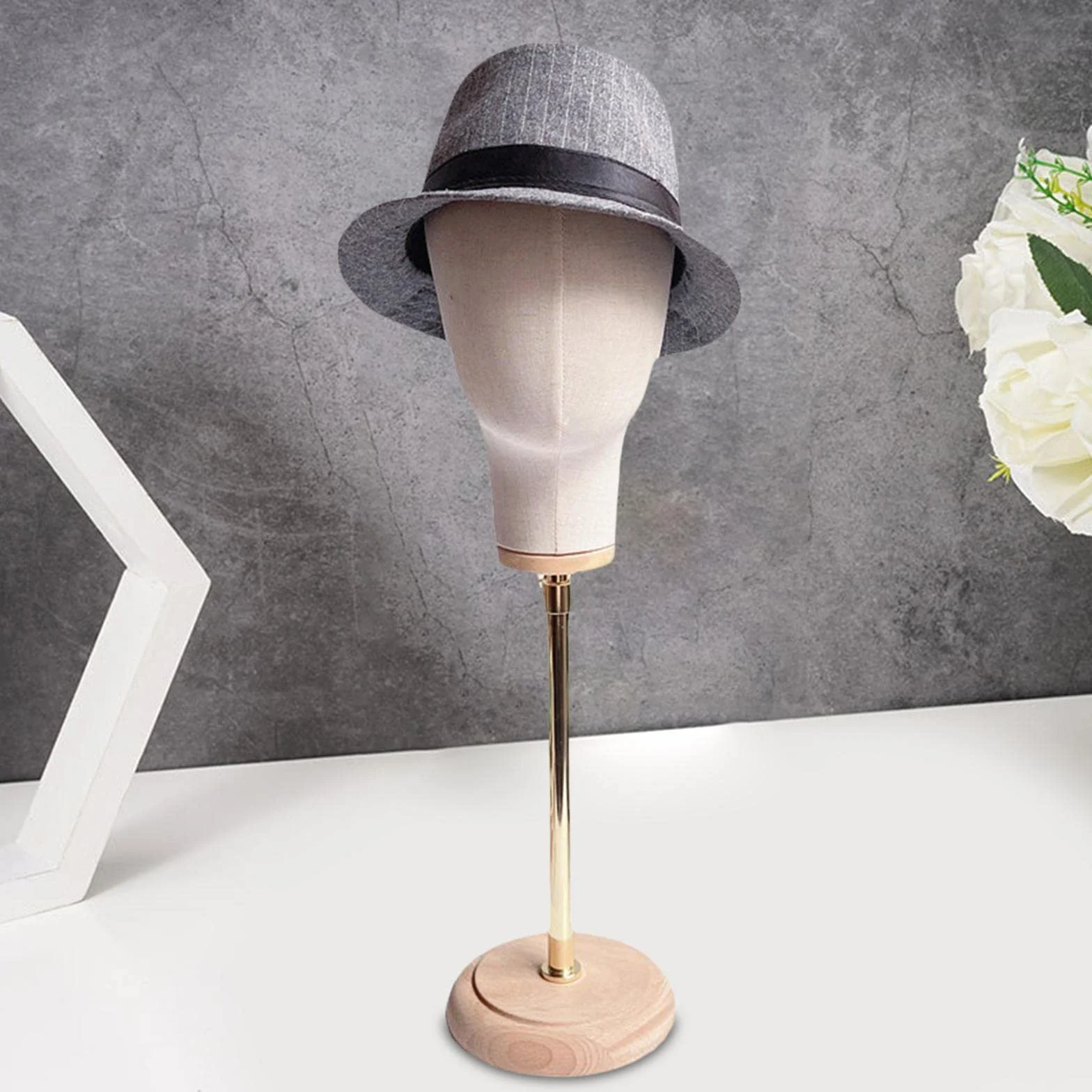 Perfk Regolabile Porta Cappelli 56-76 Cm, Espositore Per Parrucca Modello Testa Manichino Base Legno Mostra Cappelli Gioielli Sciarpe