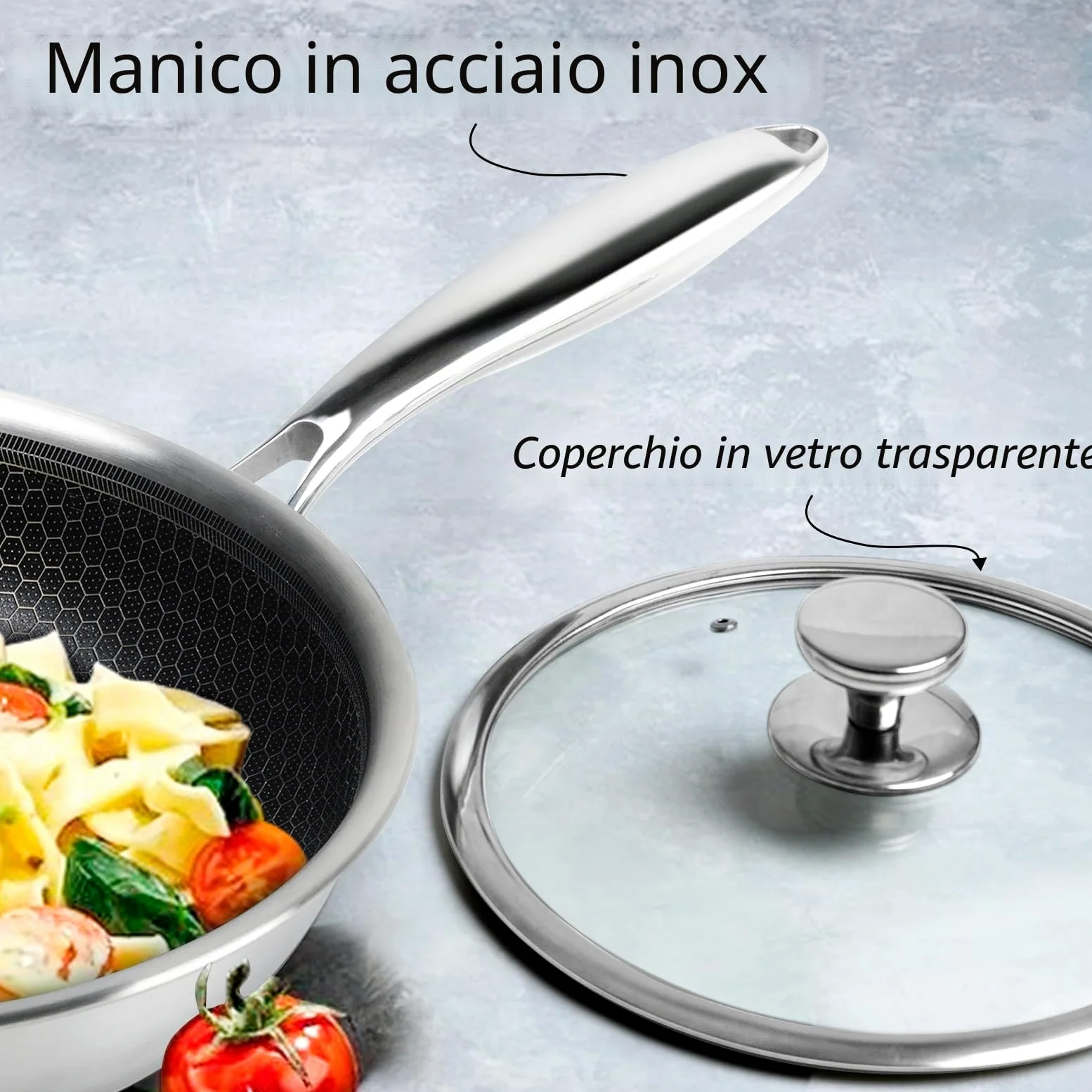 Innerwell Set di padelle Antiaderente 24/28 cm, 2 Pezzi Padella Acciaio Inox Induzione con Coperchio, Rivestimento a nido d'ape antigraffio, Padelle Adatte Per Forno, Universali Pentole, Senza PFOA