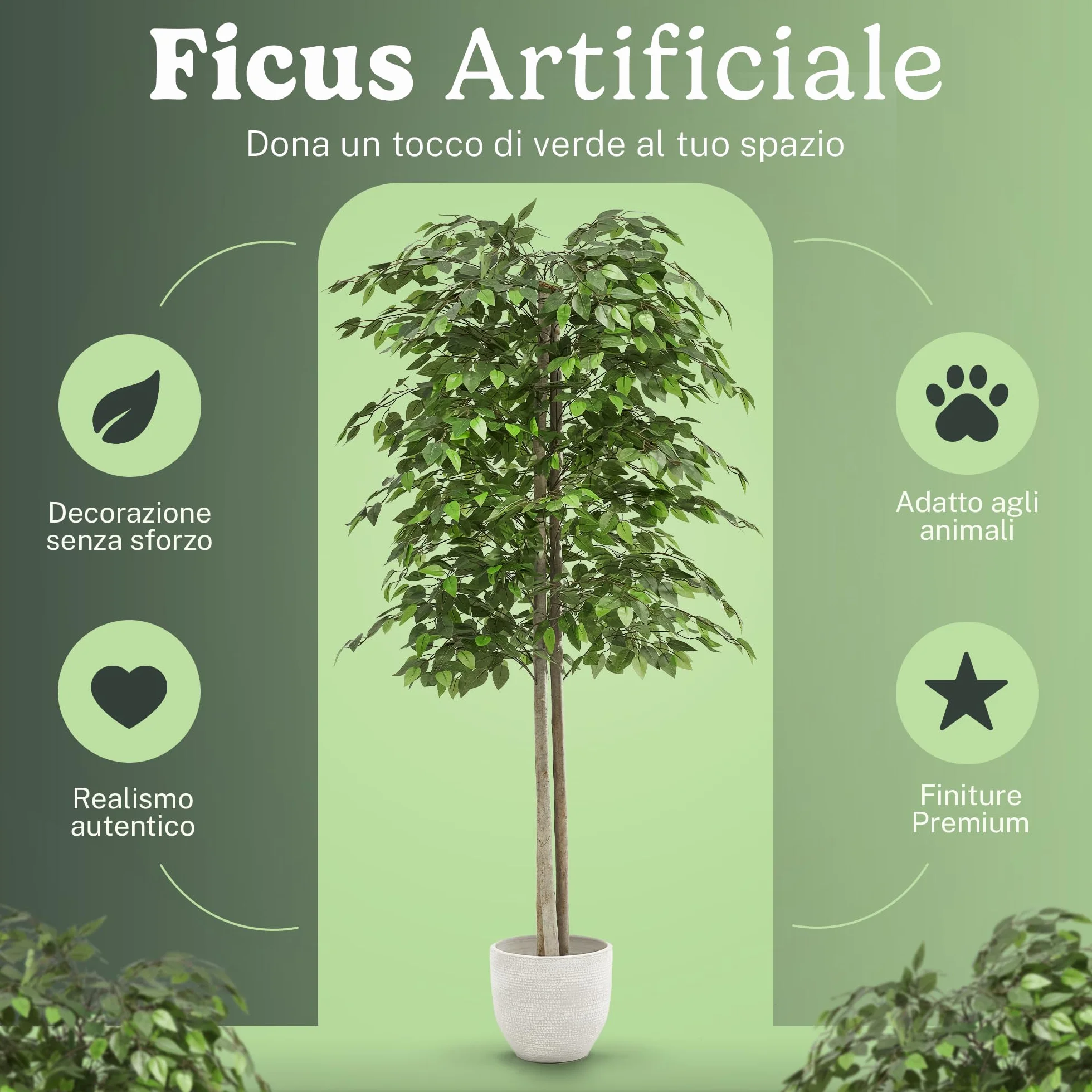 Ficus artificiale 180 cm pianta finta grande tronco naturale albero decorativo realistico casa ufficio hotel