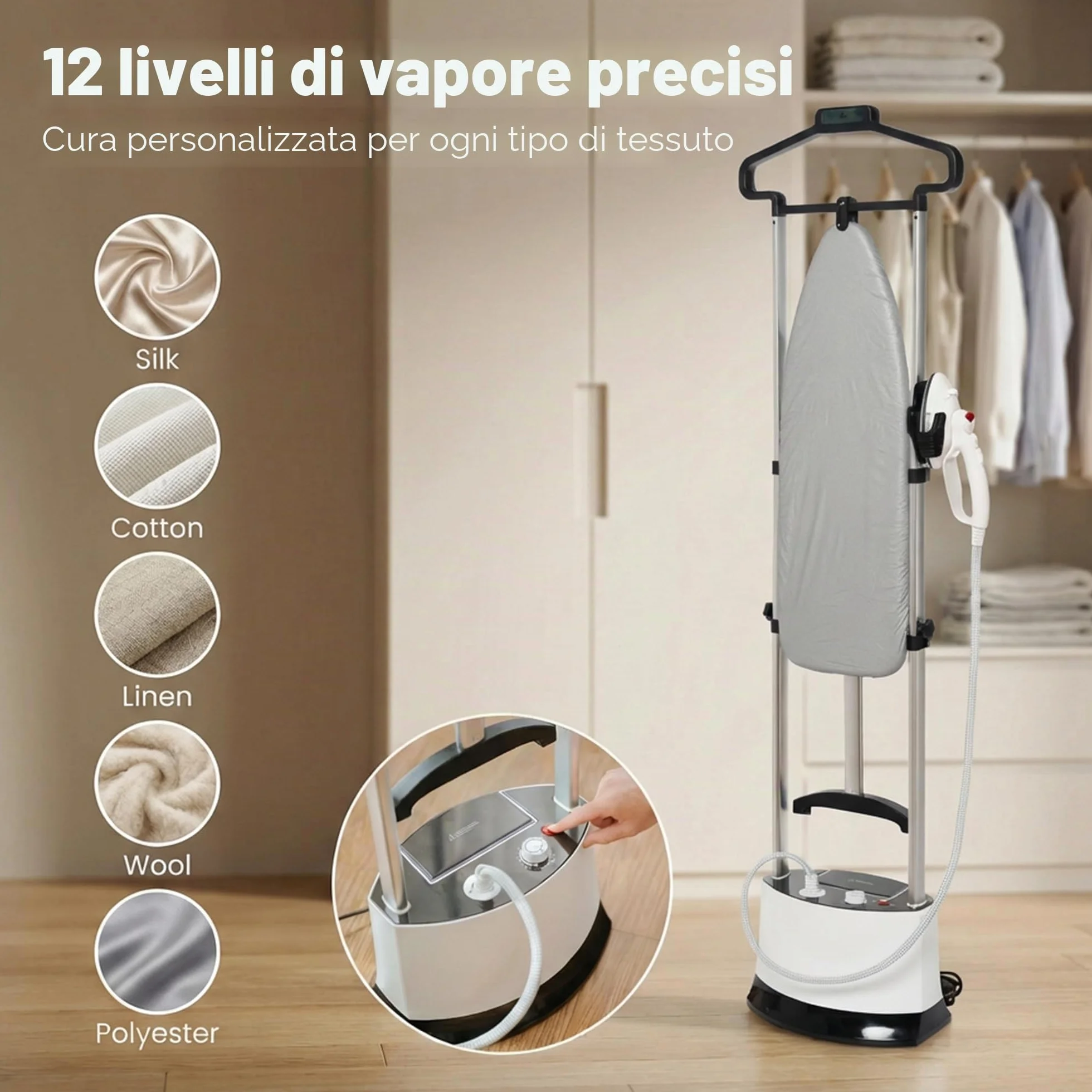 Ferro da Stiro Verticale Professionale 1400W 6 Bar 12 Livelli Temperatura Asse Pieghevole Serbatoio 1,6L