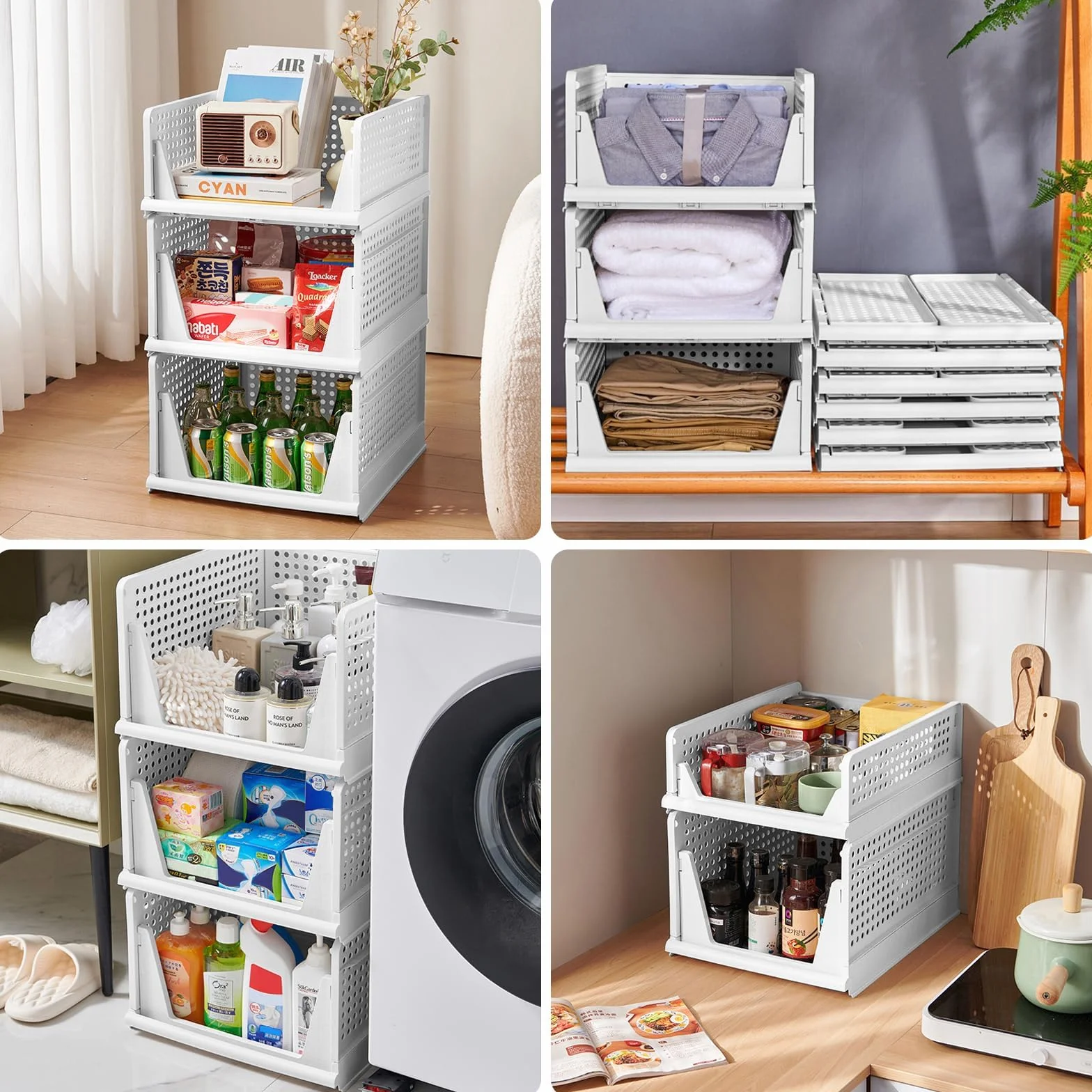 Organizzatore per Guardaroba, 4 PZ Cestini Impilabili Grandi – 43x33,5x25cm, Contenitori in Plastica per Armadio, Casa, Ufficio, Lavanderia, Vestiti, Giocattoli, Cucina
