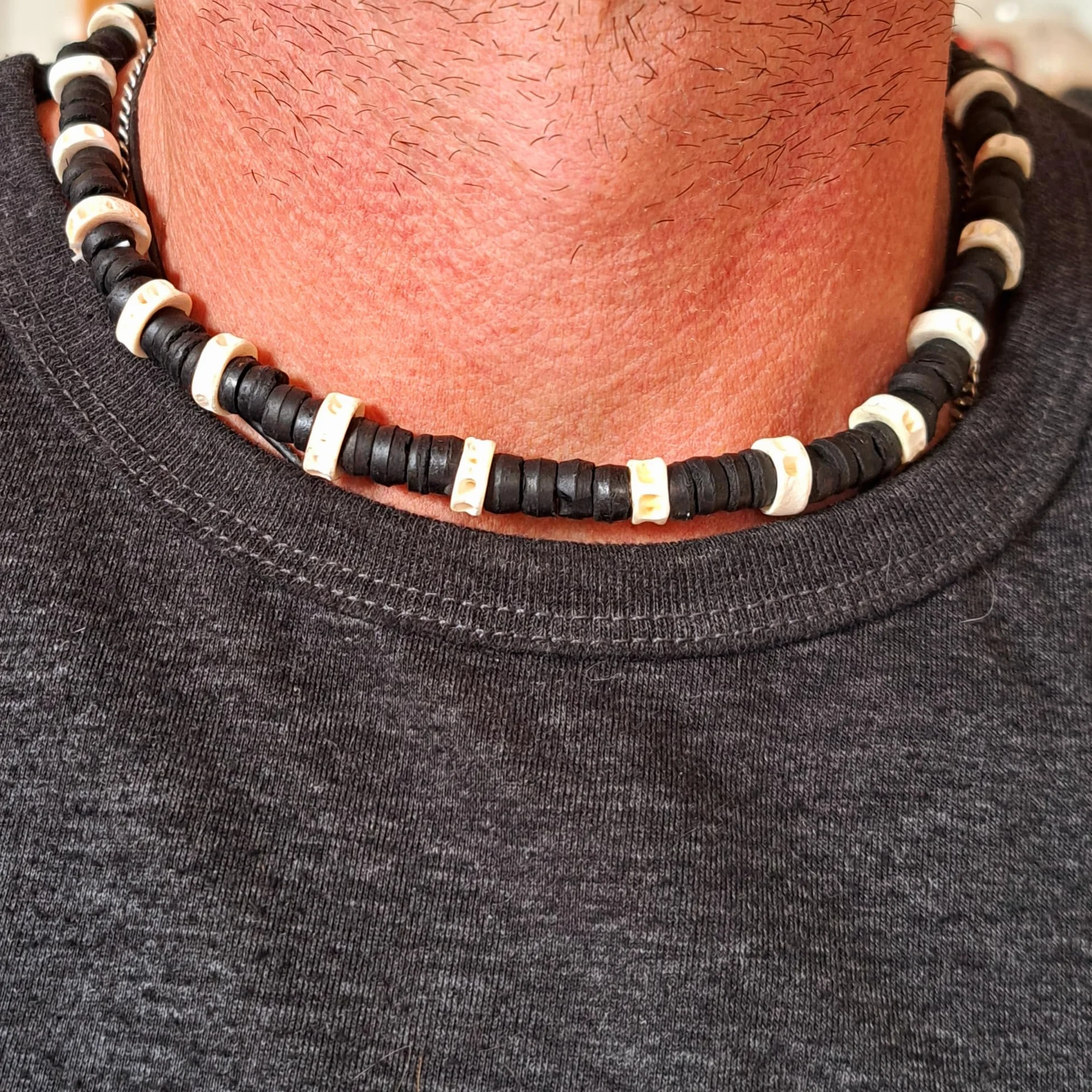 Funight Collana Surf Surfista Coco Etnico Legno Perle di Coco Girocollo Tribale Ciondolo Uomo Donna Bambino Nero Bianco, Legno, Perla