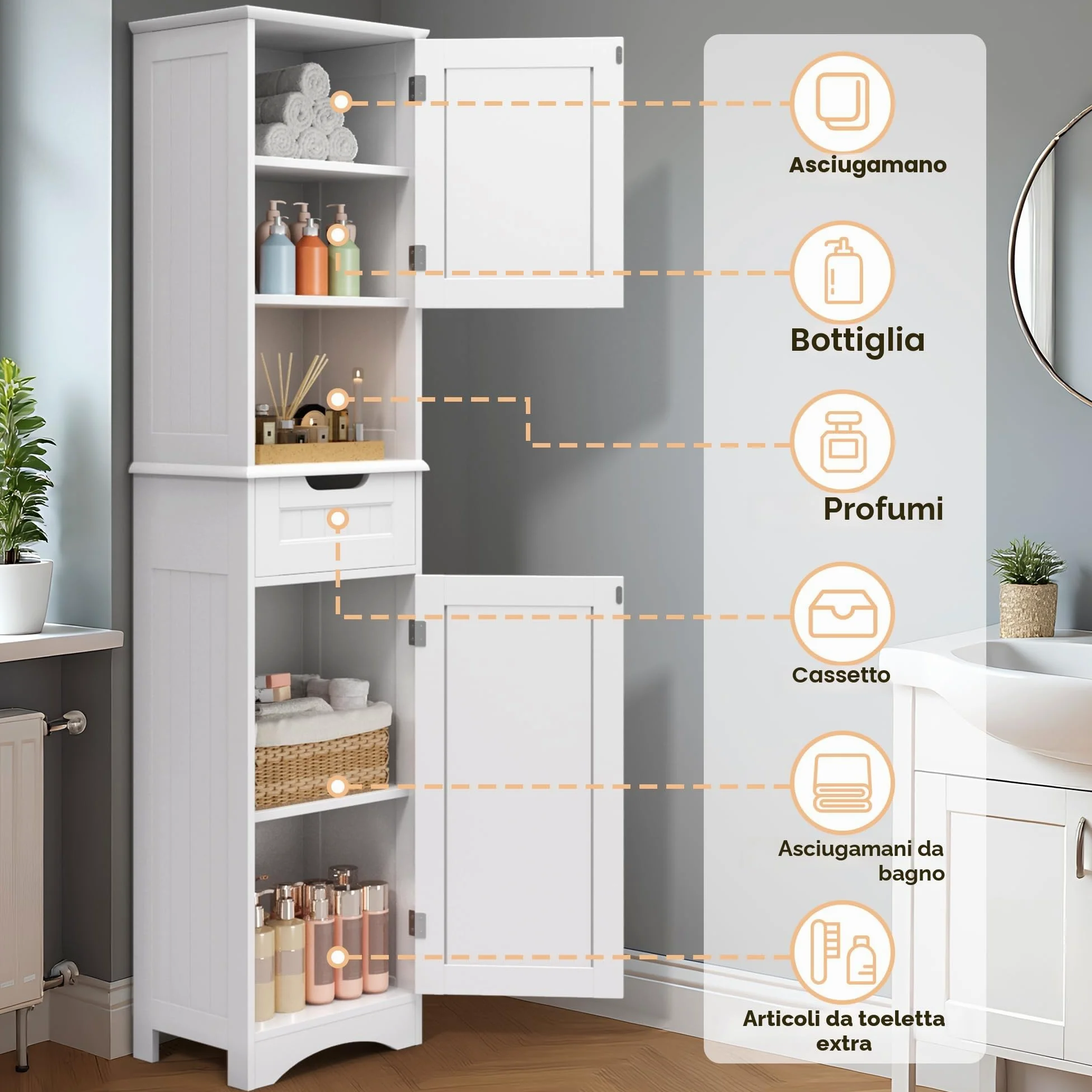 Mobiletto da Bagno Alto con Ripiani Regolabili, Cassetto, Scomparto Aperto, Porte Magnetiche e Protezione Antiribaltamento – 170 x 40 x 30 cm (Bianco)