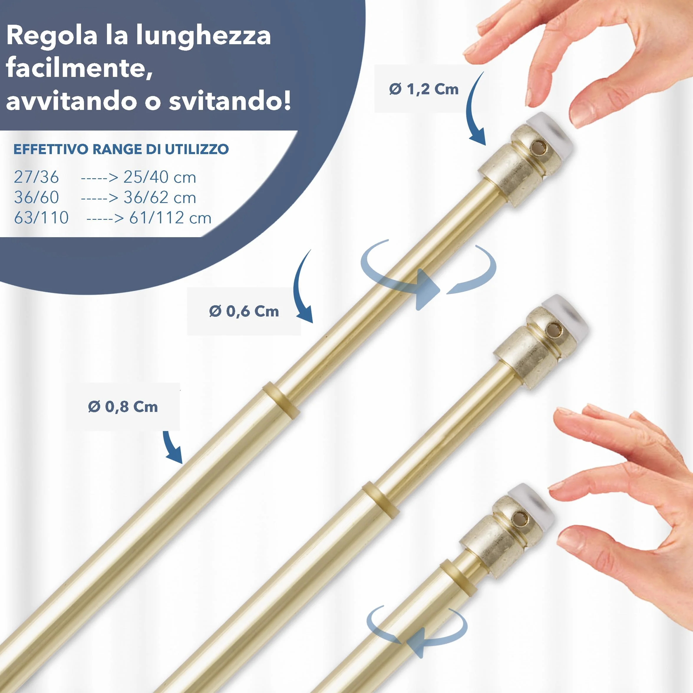 ASTINE a Pressione REGOLABILI CON MOLLA Estensibili per Porte Finestre Oro (36/60)