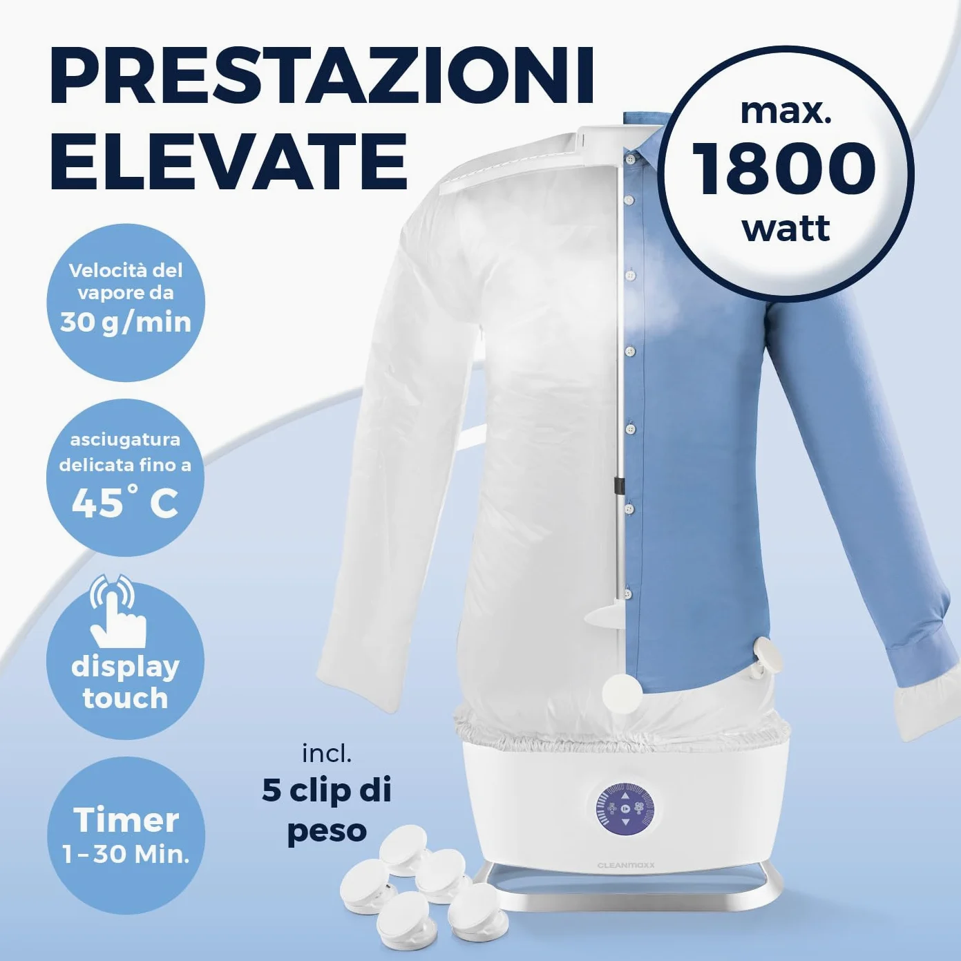 CLEANmaxx Ferro da stiro automatico per camicie PRO STEAM + accessorio per pantaloni | Funzione vapore, display a sfioramento | Per camicie e camicette | Disinfetta, leviga, rinfresca