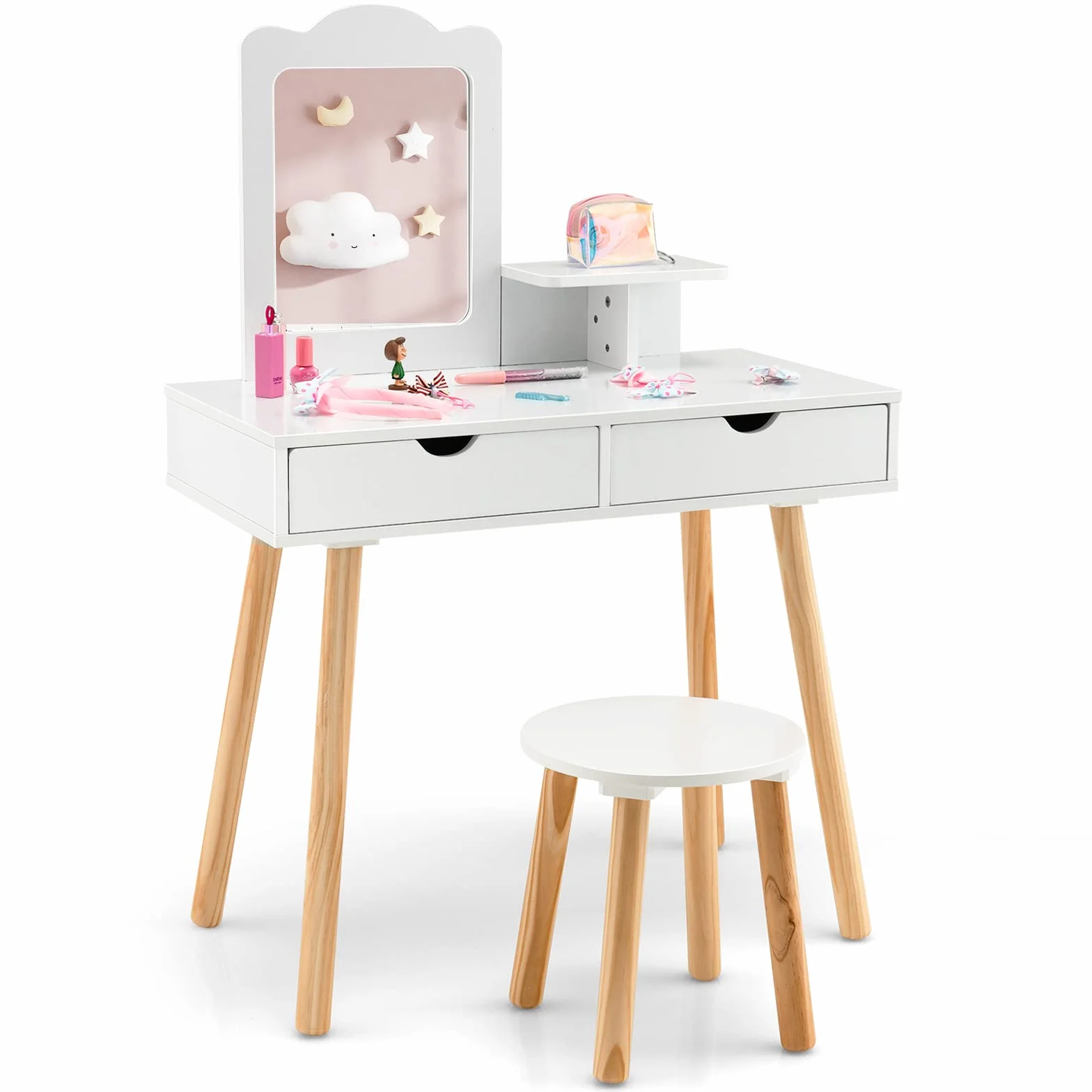 RELAX4LIFE 2 in 1 Toeletta Trucco Bambina con Sgabello, Specchio Staccabile, Set da Trucco con 2 Cassetti, Postazione Trucco per Bambini, 70 x 37 x 100 cm (Bianco)