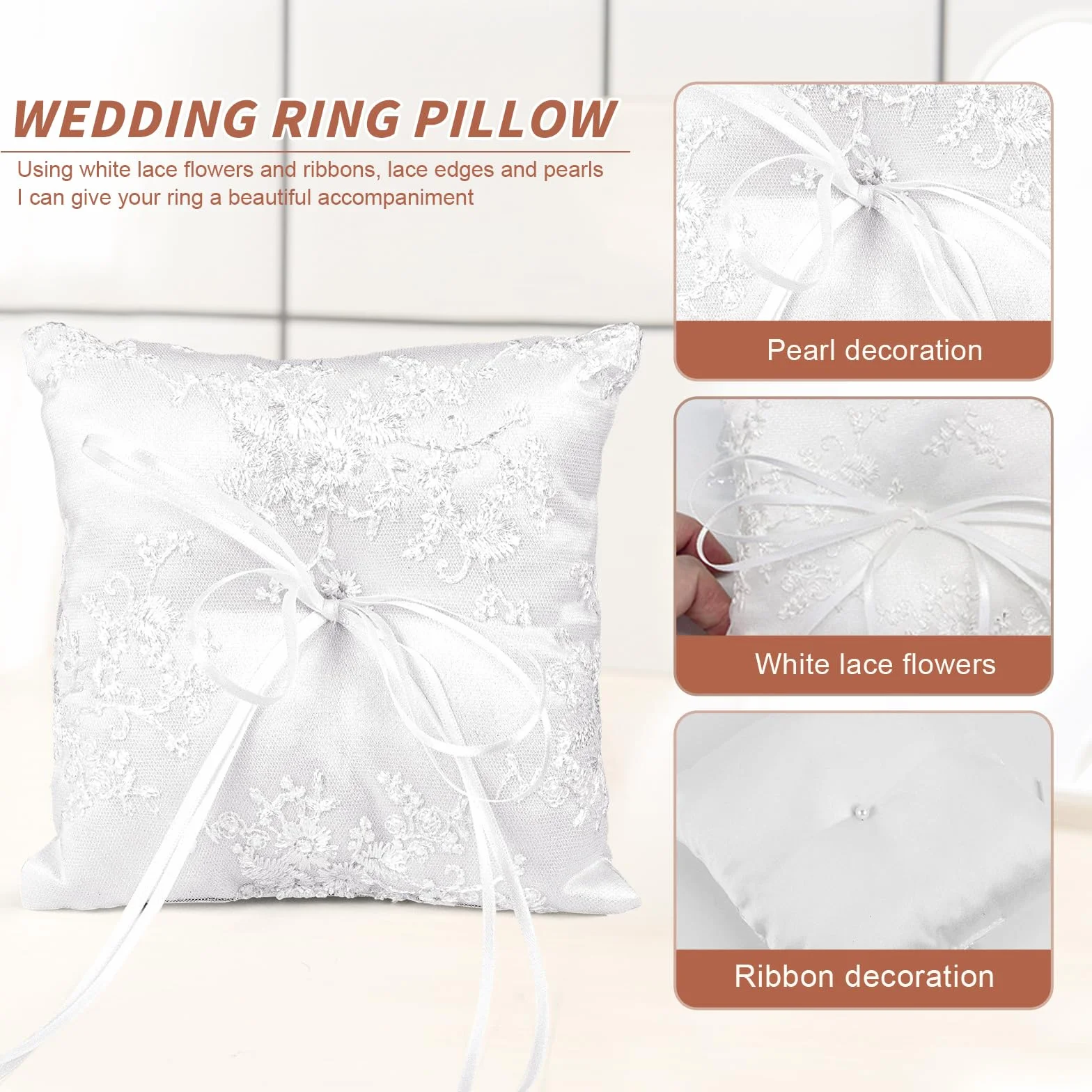 Cuscino Fedi Nuziali Bianco 15x15cm Porta Fedi con Nastro Matrimonio Decorazione